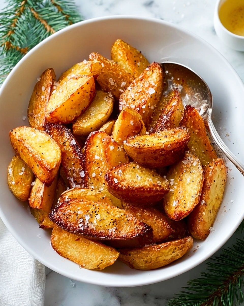 A white bowl filled with crispy, golden-brown roasted potato wedges piled in a loose mound, each piece showing a crunchy texture with slightly darker browned edges and a sprinkling of coarse salt on top; a silver spoon resting inside the bowl adds a touch of shine, all set on a white marbled surface with some green pine leaves partially visible in the corners. photo taken with an iphone --ar 4:5 --v 7