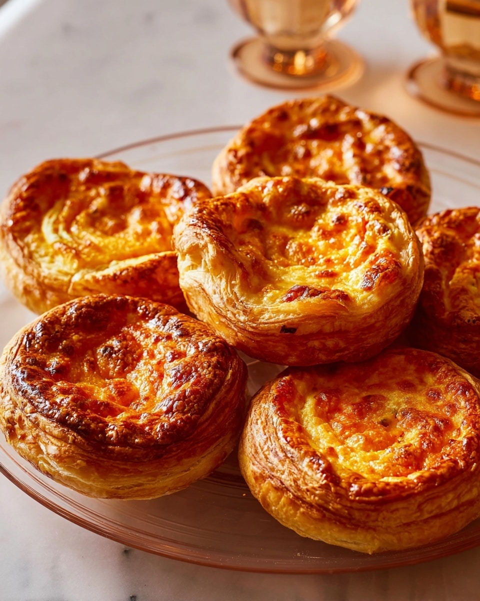 A close-up of six round puff pastry tarts arranged on a clear glass plate. Each tart has two visible layers: a golden-brown, flaky, and puffy crust on the outside, and an inner layer filled with a slightly browned, creamy orange cheese mixture, with a few darker spots from baking. The pastries sit on a smooth, light pink surface with two glass cups slightly blurred in the background. photo taken with an iphone --ar 4:5 --v 7