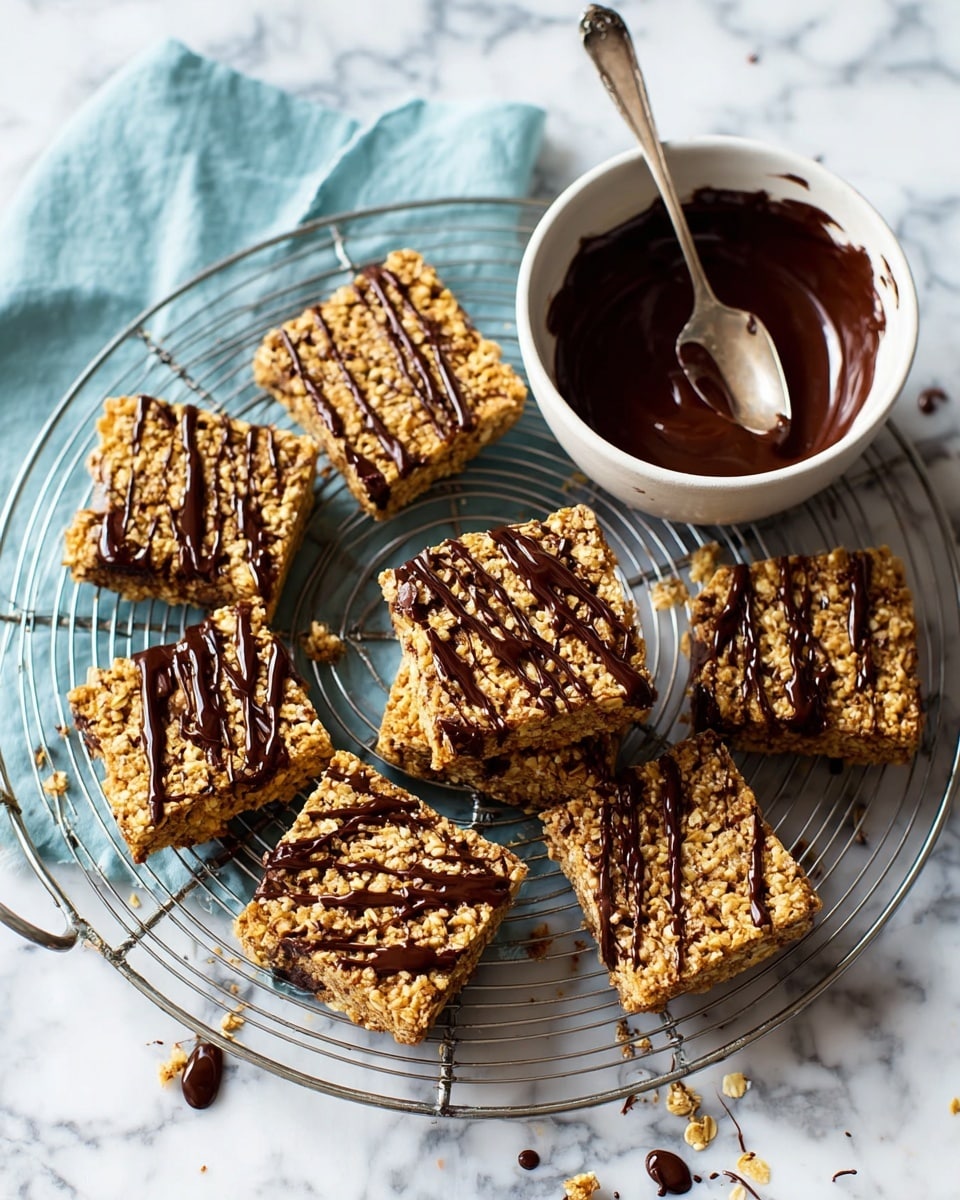 The image shows a round metal wire rack with nine square oat bars placed on it in two layers. Each bar has a golden-brown oat base with a dark, glossy chocolate drizzle in a crisscross pattern on top, adding texture and shine. The oat bars look thick and crumbly with a rough, grainy texture. Behind the bars is a white bowl filled with smooth melted chocolate, with a metal spoon resting inside. The scene is set on a white marbled surface, with a soft blue cloth partially visible to the left. Photo taken with an iphone --ar 4:5 --v 7