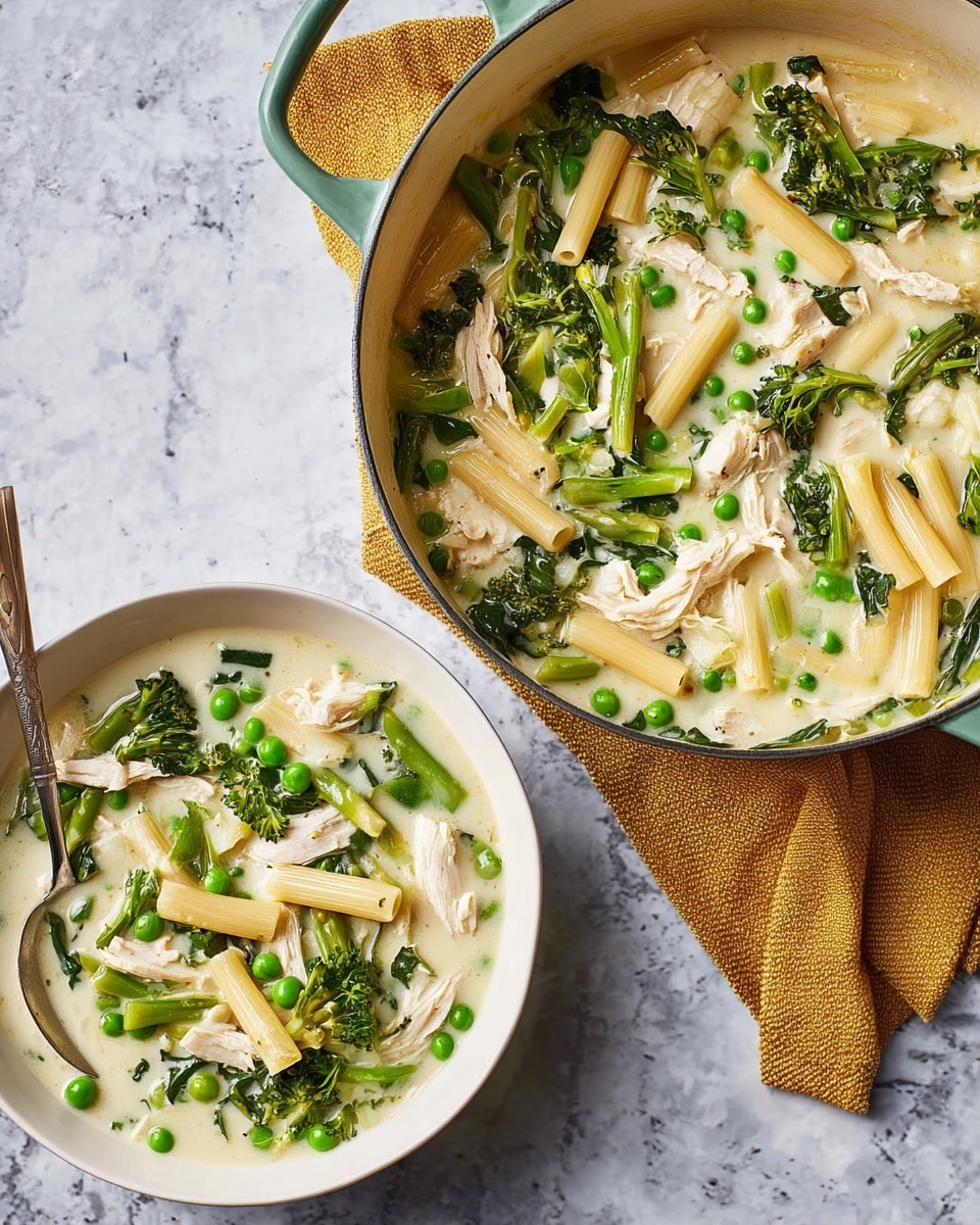 The image shows a creamy pasta soup served in a large white pot and a white bowl, both placed on a white marbled surface. The soup has layers of light yellow creamy broth mixed with pieces of shredded white chicken, green peas, and long green broccoli stems along with fresh green leaves. The pasta is short, tube-shaped, and colored pale yellow, spread evenly throughout the creamy soup. Beside the pot, there is a folded mustard-yellow cloth. The colors contrast well with the white marbled texture underneath. Photo taken with an iphone --ar 4:5 --v 7