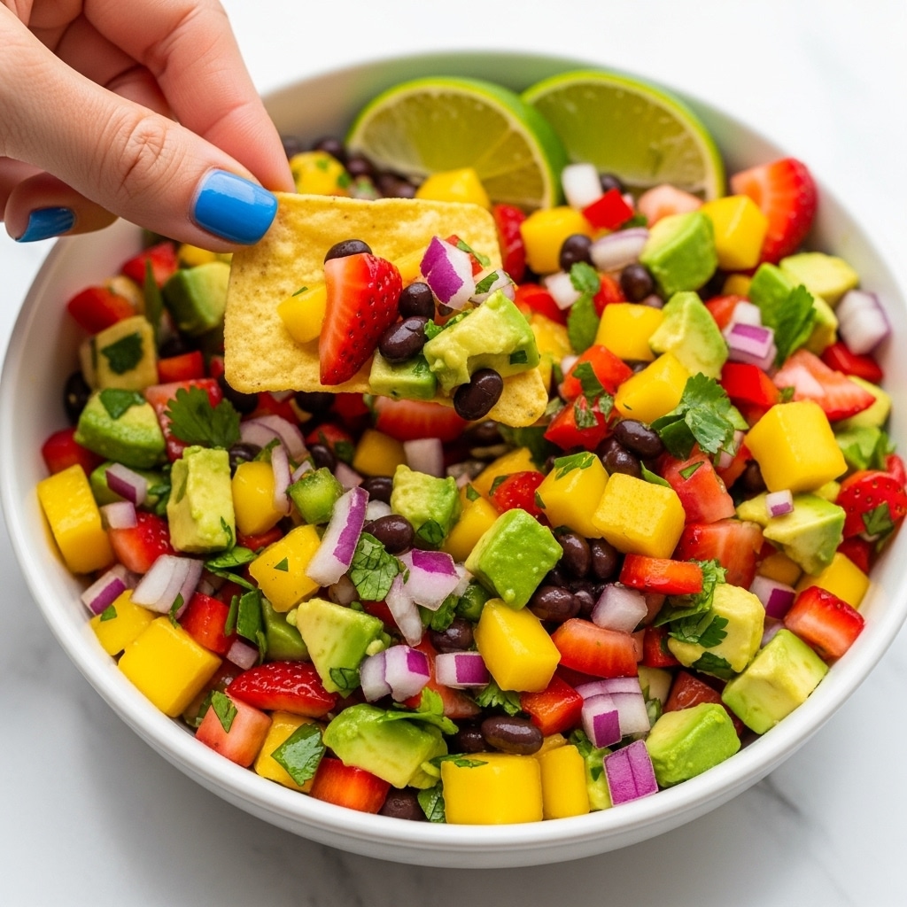 A close-up of a white bowl filled with a colorful salsa made from finely chopped layers of yellow mango, red strawberries, black beans, green avocado, red bell pepper, red onion, and fresh herbs. Pieces are mixed evenly showing bright yellow, red, black, and green colors in different shapes and textures. A woman's hand with blue nail polish is lifting a yellow tortilla chip dipped into the salsa. The background shows a white marbled texture and a lime wedge is tucked inside the bowl near the edge. photo taken with an iphone --ar 4:5 --v 7