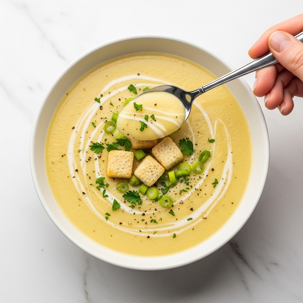 A white bowl filled with creamy yellow soup that has a smooth texture with a swirl of white cream on the top surface. In the center, three small round croutons that are light golden in color sit atop the soup, surrounded by small pieces of bright green chopped scallions and sprinkled bits of fresh green herbs and black pepper. A silver spoon, held by a woman's hand, is dipping into the soup, lifting a smooth curved scoop. The bowl rests on a white marbled surface. photo taken with an iphone --ar 4:5 --v 7