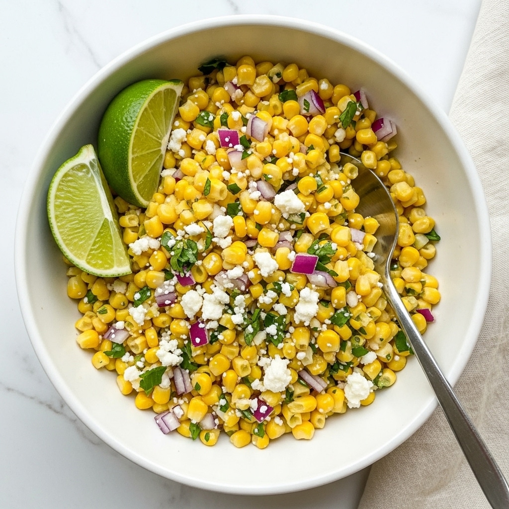 A white bowl filled with a mixed corn salad that has three main layers: bright yellow corn kernels as the base, finely chopped purple-red onion pieces and green herbs scattered throughout, and white crumbly cheese sprinkled on top. Two green lime wedges rest on the side of the bowl. A silver spoon is partially inside the bowl on the right side. The bowl and spoon sit on a white marbled surface, with a white cloth visible near the top right corner. photo taken with an iphone --ar 4:5 --v 7