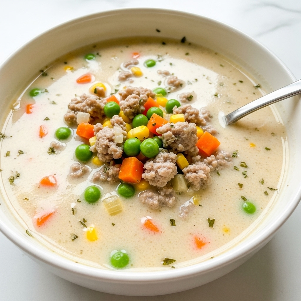 The image shows a close-up of a creamy soup in a white bowl placed on a white marbled surface. The soup has a thick, beige base with visible chunks of cooked ground meat, bright green peas, small orange carrot pieces, and yellow corn kernels scattered throughout. There are also small specks of herbs mixed into the soup, adding texture and color contrast. A silver spoon rests inside the bowl on the right side, partially dipped into the soup. A small corner of a yellow, crispy-looking chip or cracker is visible at the top left edge of the bowl. Photo taken with an iphone --ar 4:5 --v 7