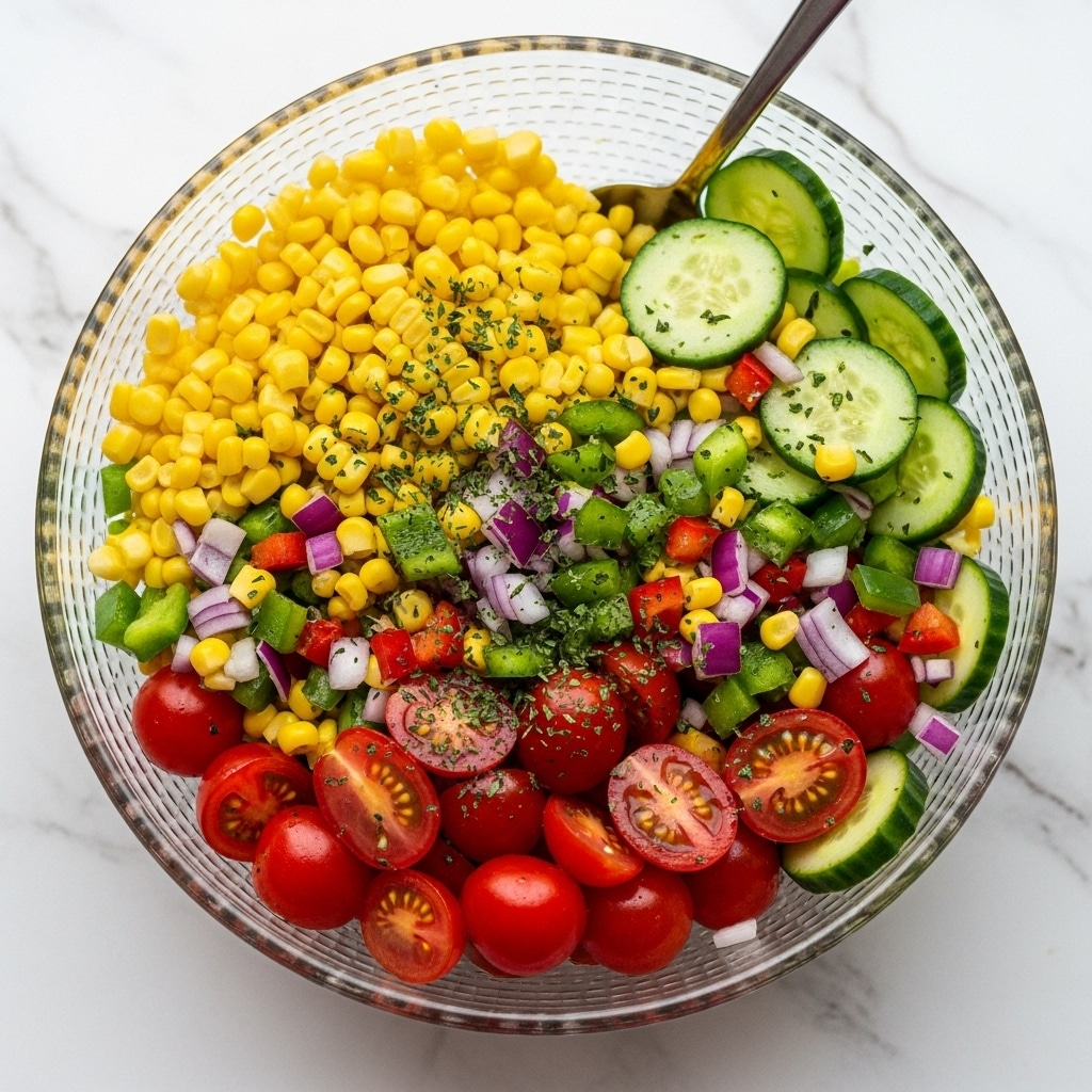 A close-up view of a colorful salad in a clear glass bowl, filled with layers of bright yellow corn kernels, red cherry tomato halves, green cucumber slices, small red and green bell pepper pieces, finely chopped red onion, and specks of green herbs mixed throughout. The salad has a fresh and juicy look with a mix of soft and crunchy textures. A silver spoon is partially visible in the bowl, resting on top of the salad. The background is a white marbled texture. photo taken with an iphone --ar 4:5 --v 7