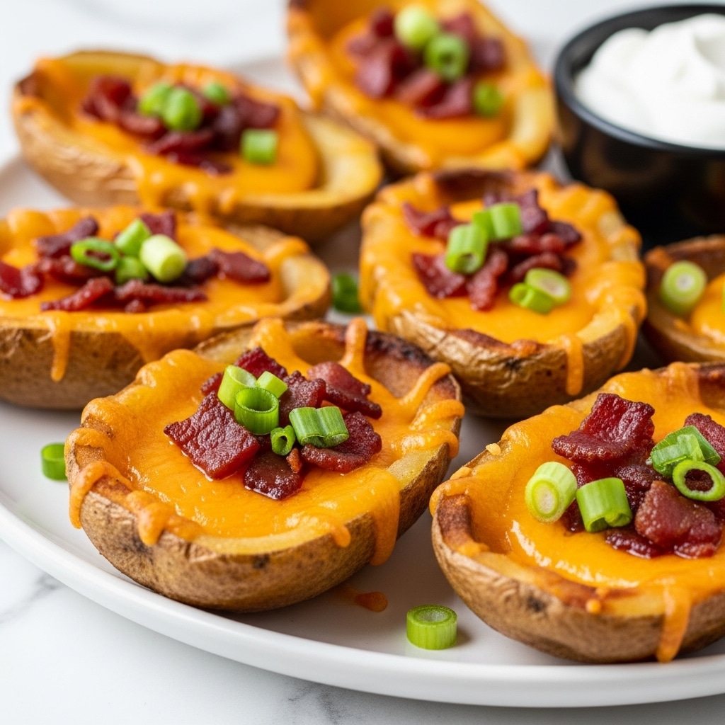 The image shows several potato skins arranged closely on a white plate, each potato skin has three layers; the bottom layer is the crispy, golden potato shell with a slightly rough texture, the middle layer is melted bright orange cheddar cheese evenly spread, and the top layer consists of small dark brown crispy bacon bits and chopped fresh green onions scattered on top. Part of a small black bowl of white sour cream can be seen on the side. The surface under the plate has a clean white marbled texture. photo taken with an iphone --ar 4:5 --v 7