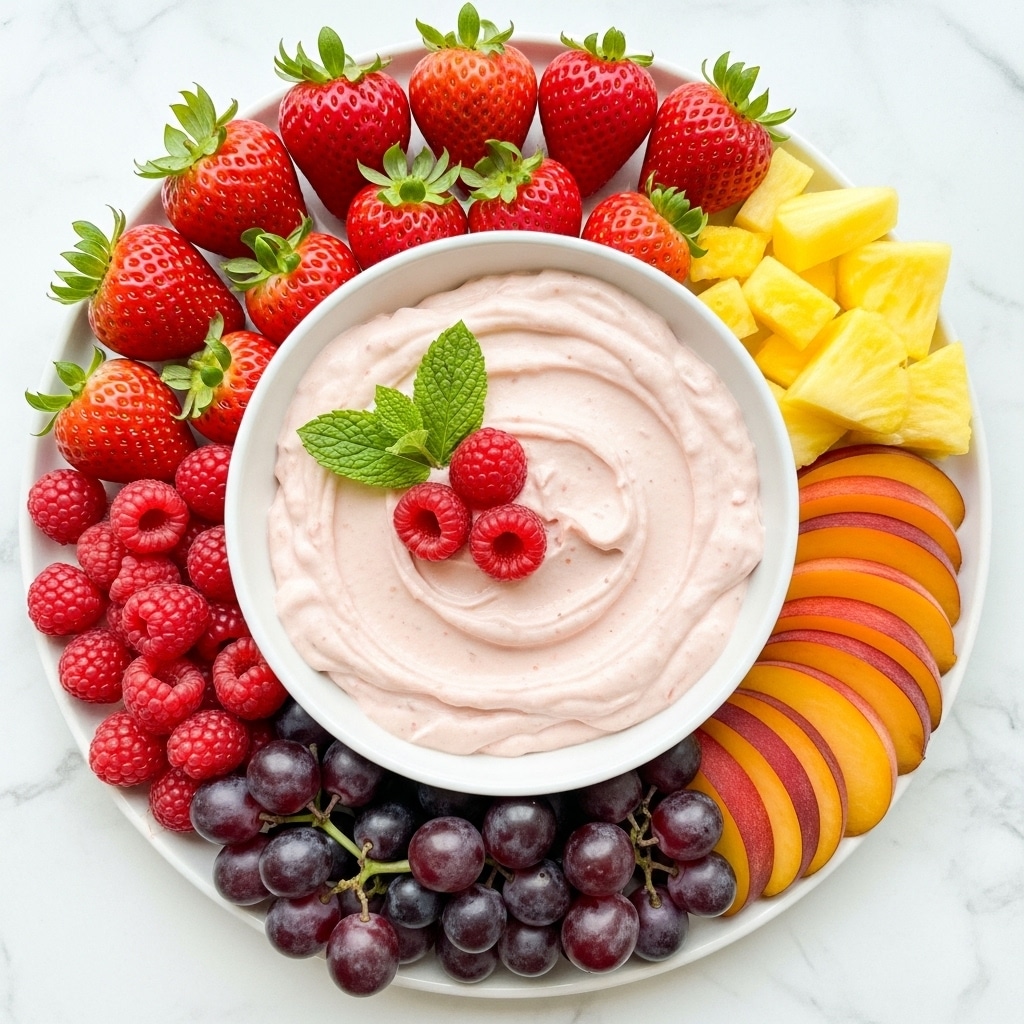 A white bowl is filled with smooth, light pink creamy dip, topped with a small cluster of raspberries and two green mint leaves on one side. Surrounding the bowl is an arrangement of fresh fruits: bright red strawberries with green tops, small red raspberries, deep purple grapes clustered together, yellow pineapple chunks, and thin slices of peach with red edges and orange-yellow flesh, all placed neatly on a white round plate set on a white marbled surface. photo taken with an iphone --ar 4:5 --v 7