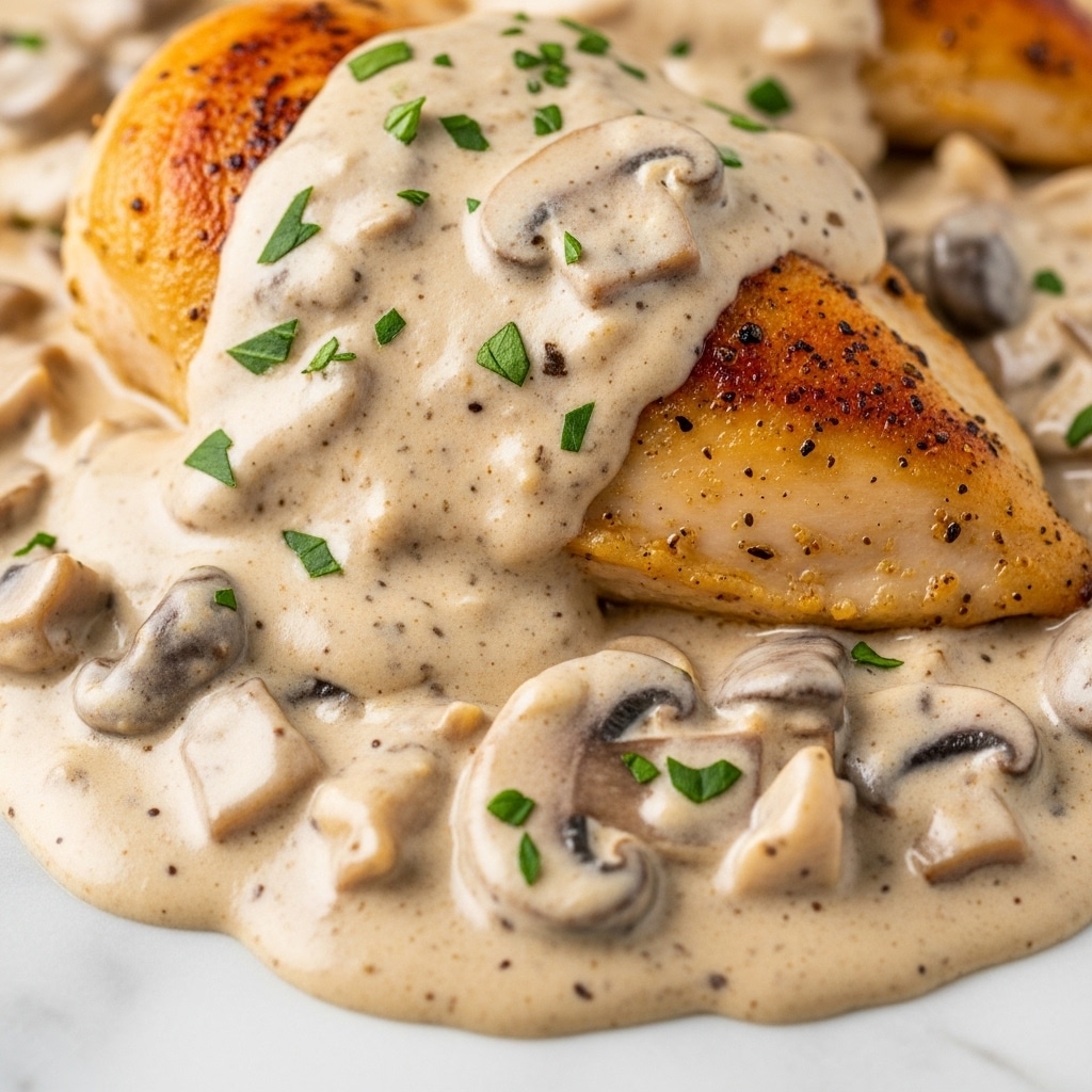 The image shows a close-up of a dish with several layers. At the bottom, there is a light creamy sauce with visible small pieces of mushrooms mixed inside, giving a speckled texture. On top of the sauce, there are browned chicken breasts with a golden crust in some spots, partially covered by the creamy mushroom sauce. The sauce is thick and coats the chicken, with small green herb pieces sprinkled evenly over the whole dish, adding a touch of color. The photo is taken on a white marbled surface, focusing tightly on the food to show the details of the sauce and browned chicken skin. photo taken with an iphone --ar 4:5 --v 7