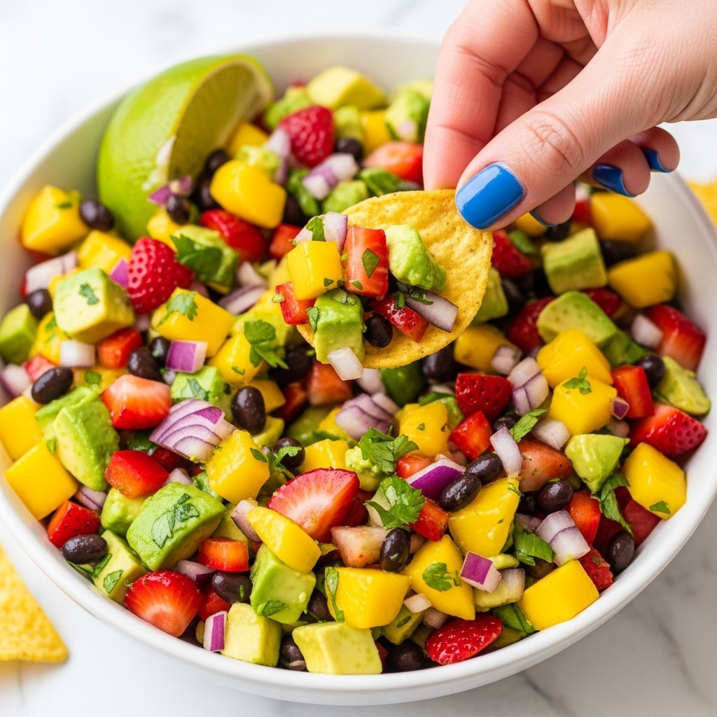 A white bowl filled with a colorful, chunky salsa made from small diced yellow mango, red strawberries, green avocado, black beans, red tomatoes, and green herbs, all mixed together with a fresh, juicy look. The salsa has a bright and textured appearance with pieces layered closely and overflowing near the top. A woman's hand with blue nail polish is holding a yellow tortilla chip dipped into the salsa from the upper left corner of the bowl. There is a lime wedge visible inside the bowl on the right side. The whole scene is set on a white marbled surface. photo taken with an iphone --ar 4:5 --v 7