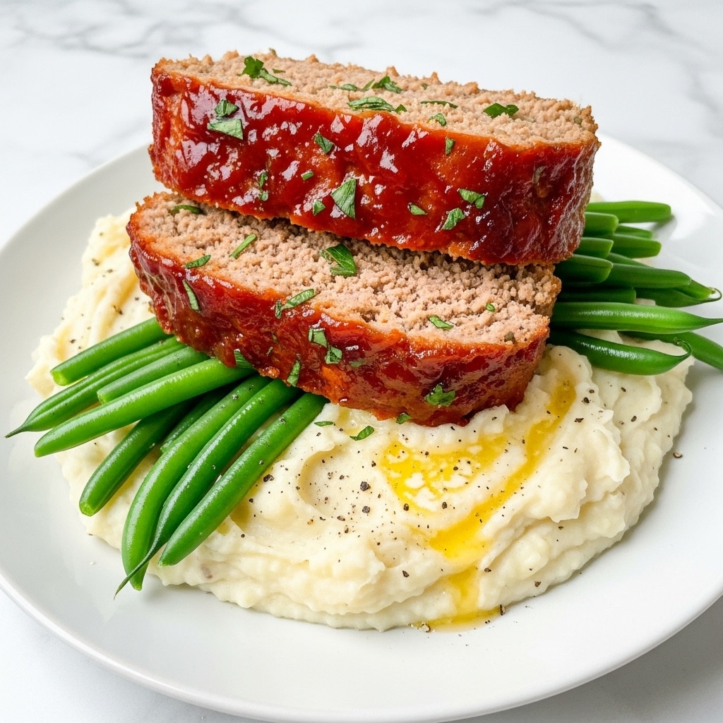 Two thick slices of moist meatloaf with a shiny, reddish-brown glaze and small green herb sprinkles on top sit stacked on a bed of creamy mashed potatoes. The mashed potatoes are smooth and slightly lumpy with a light yellow butter sheen. On the side, bright green cooked green beans add color contrast. The dish is served on a white plate on a white marbled texture. photo taken with an iphone --ar 4:5 --v 7