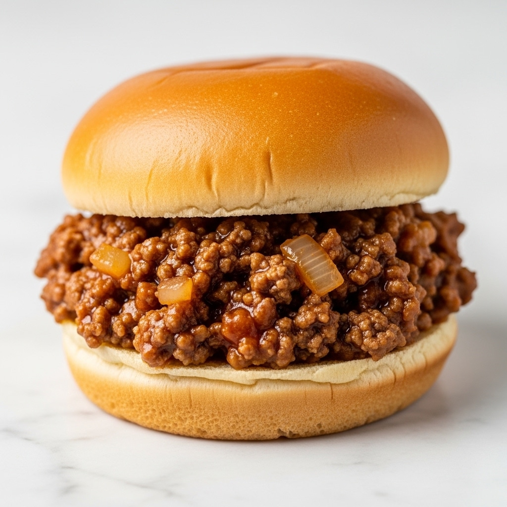 A close-up image of a sandwich with two soft, golden brown buns. The bottom bun holds a thick, chunky layer of cooked ground meat mixed with small pieces of translucent cooked onions in a shiny brown sauce. The top bun is placed slightly above, showing the moist texture of the meat mixture inside. The sandwich is shown on a surface with a white marbled texture. photo taken with an iphone --ar 4:5 --v 7
