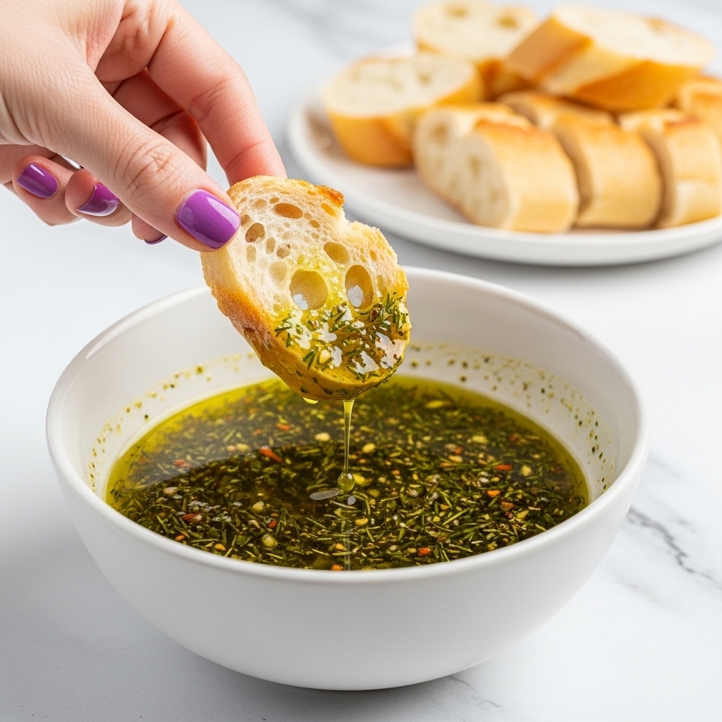 A woman's hand with purple nail polish is dipping a piece of crusty bread into a white bowl filled with a golden yellow olive oil mix, speckled with green herbs and spices floating on the surface. The bread slice has a rough, airy texture with a crunchy brown edge and light soft inside, partially soaked with the oily herb mixture. Around the bowl, on a white marbled surface, are more pieces of light golden brown bread with airy holes. photo taken with an iphone --ar 4:5 --v 7