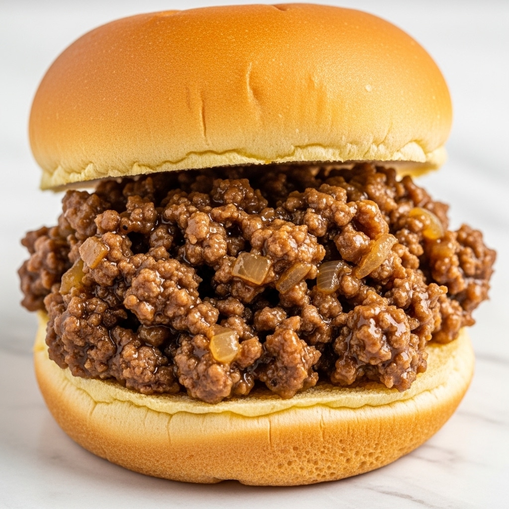 A sloppy joe sandwich with a soft, golden-brown top bun resting on a filling made of finely ground beef mixed with small pieces of translucent cooked onions in a thick, shiny, reddish-brown sauce. The bottom bun is light beige and slightly visible beneath the meat mixture. The sandwich is placed on a white marbled surface, showing the texture of the juicy meat mixture and the smoothness of the bread. photo taken with an iphone --ar 4:5 --v 7