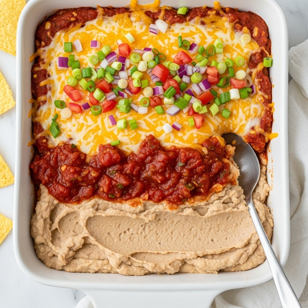 A baked dish in a white rectangular ceramic dish shows three main layers: the bottom layer is a thick reddish brown refried bean spread with a creamy texture, followed by a melted layer of orange-yellow cheddar and white cheese covering most of the middle, and topped with a colorful mix of finely chopped red tomatoes, green onions, purple onions, and fresh green herbs scattered over the cheese. A silver spoon rests inside the dish scooping some of the food. The dish is placed on a white marbled surface with a white cloth partly visible nearby. photo taken with an iphone --ar 4:5 --v 7