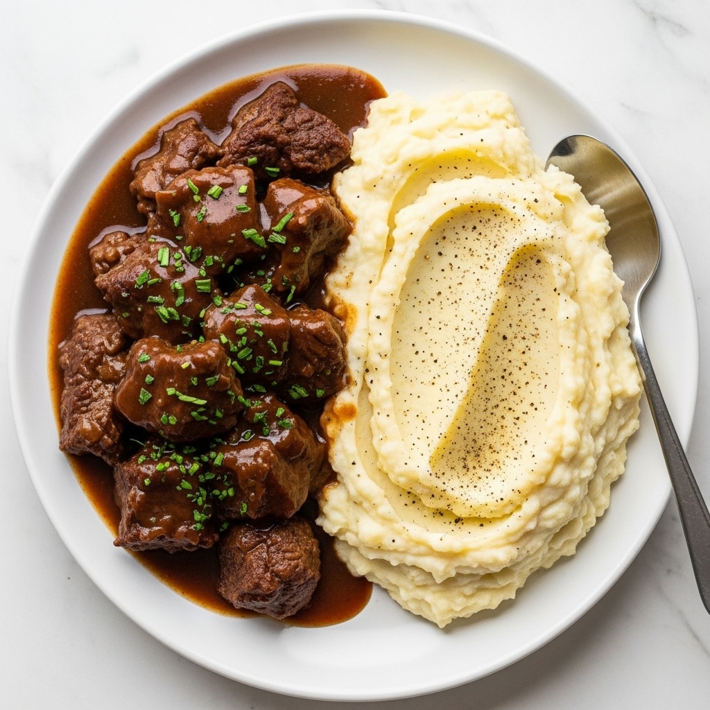 The image shows a white plate with two main parts: on the left, there are chunks of brown beef stew covered in thick brown gravy with small green herb pieces sprinkled on top, making the meat look juicy and rich; on the right, there is a large scoop of creamy mashed potatoes with a smooth, slightly textured surface and small black pepper flakes on top, creating a soft and fluffy look. The plate is placed on a white marbled surface, and a silver fork rests on the right side of the plate. photo taken with an iphone --ar 4:5 --v 7