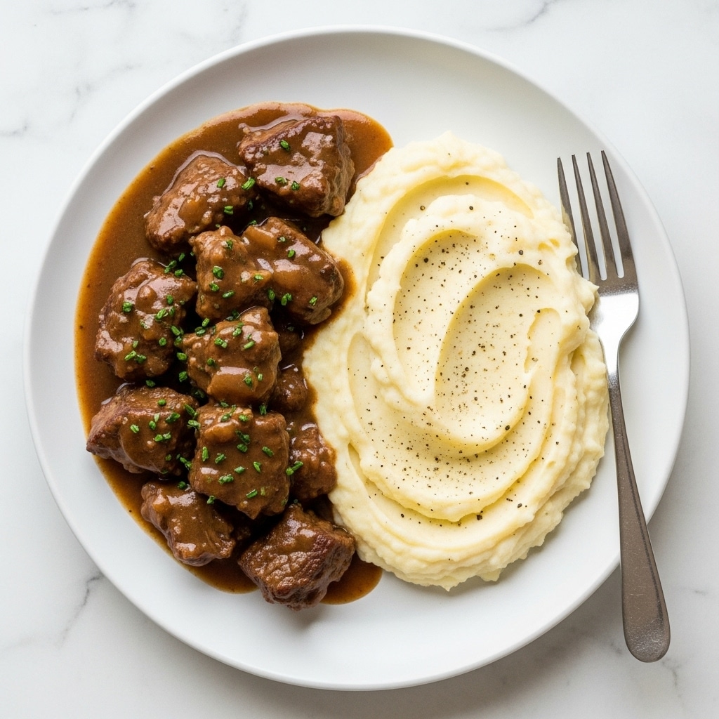 A white plate shows two separate food layers side by side on a white marbled surface. On the left side, there are brown beef chunks covered with a thick, glossy dark brown gravy, sprinkled with small green herb pieces. On the right side, there is a large serving of creamy mashed potatoes, smooth and slightly fluffy, with a light sprinkle of ground pepper on top. A metal spoon is placed on the right edge of the plate near the mashed potatoes. Photo taken with an iphone --ar 4:5 --v 7