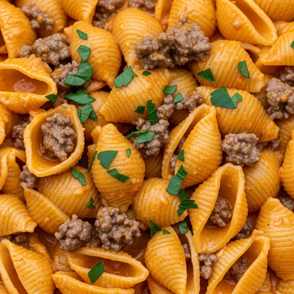 The image shows a close-up view of a creamy pasta dish made with small shell-shaped pasta covered in a thick orange sauce. Ground meat is mixed evenly throughout the pasta, giving a textured look with small brown chunks. The sauce looks rich and smooth with a slightly glossy finish. Bright green bits of parsley are sprinkled over the top, adding a fresh color contrast. A blue spoon is partially visible, stirring the pasta. The dish is set on a white marbled surface. photo taken with an iphone --ar 4:5 --v 7