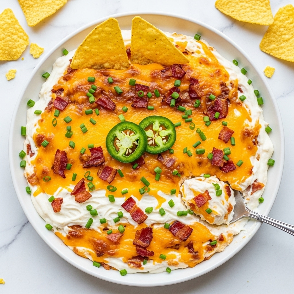 A round cheese dip in a white bowl, with a thick layer of melted yellow and white cheese mixed with small brown bacon pieces spread evenly on top. Green chopped chives are sprinkled all over the cheese layer, and three slices of fresh green jalapeño peppers sit near the top center. The dip has a creamy white base showing through where a spoon has scooped out a portion from the top right side, revealing its smooth texture beneath the cheese. Two yellow tortilla chips are placed upright at the top edge of the bowl. The bowl is set on a white marbled surface with a metal spoon resting inside the scoop area, held by a woman’s hand. Photo taken with an iphone --ar 4:5 --v 7