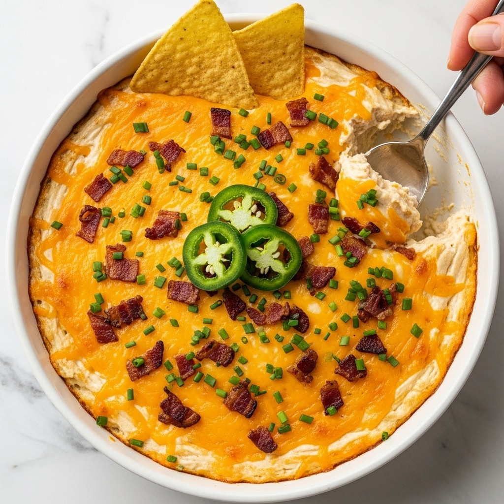 A round white plate holds a creamy, cheesy dip that shows about three layers: a base creamy white layer, followed by a golden-yellow melted cheese layer mixed with crispy reddish-brown bacon bits, and topped with finely chopped green chives and three sliced green jalapeño rings placed near the top center. Part of the dip is scooped out with a silver spoon visible on the right side, revealing the creamy texture underneath. Two large yellow tortilla chips stand stuck in the dip near the top edge of the plate. The plate sits on a white marbled surface with pieces of more yellow chips scattered nearby. photo taken with an iphone --ar 4:5 --v 7