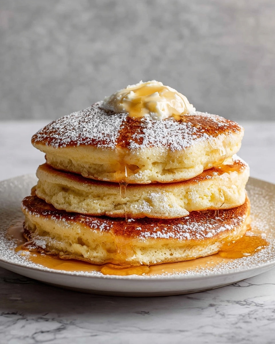 A stack of three thick, fluffy pancakes sits on a white plate, each pancake golden brown with slightly crispy edges. The bottom pancake is thick and soft with a light, airy texture, the middle one slightly smaller and similarly fluffy, and the top pancake has a dollop of melting pale yellow butter. Amber syrup is drizzled over all three pancakes, slowly trickling down the sides and pooling slightly on the plate. Fine white powdered sugar is lightly dusted over the pancakes and plate. The scene is set against a white marbled surface with a soft, neutral gray textured background. photo taken with an iphone --ar 4:5 --v 7