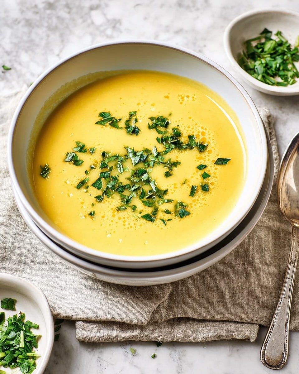 A bowl of smooth yellow soup fills the inside of a white ceramic bowl, with small green herb pieces scattered evenly on top, adding a fresh contrast. The soup appears creamy and thick, with a few tiny black pepper specks spread lightly across the surface. The bowl is stacked on another white bowl and both sit on a soft beige cloth with a textured weave, all placed on a white marbled tabletop. To the side, there is a small white dish with chopped green herbs. photo taken with an iphone --ar 4:5 --v 7