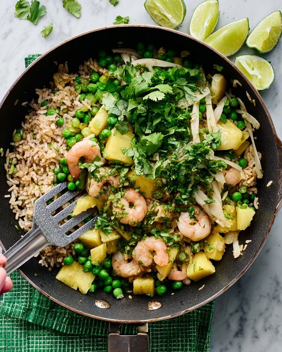 In a black pan on a white marbled surface with a green and white checkered cloth underneath, there is a colorful fried rice dish with several layers: the base layer is white rice mixed with small brown seeds, scattered peas, and chopped green onions; on top of the rice, there are pink shrimp pieces and chunks of yellow pineapple; thin, light beige slices of bamboo shoots also rest on top, scattered evenly; fresh green cilantro leaves and lime wedges with bright green rinds are placed over the dish, adding a fresh look; a silver metal spatula with a wooden handle is inserted into the pan, resting on the food. Photo taken with an iphone --ar 4:5 --v 7