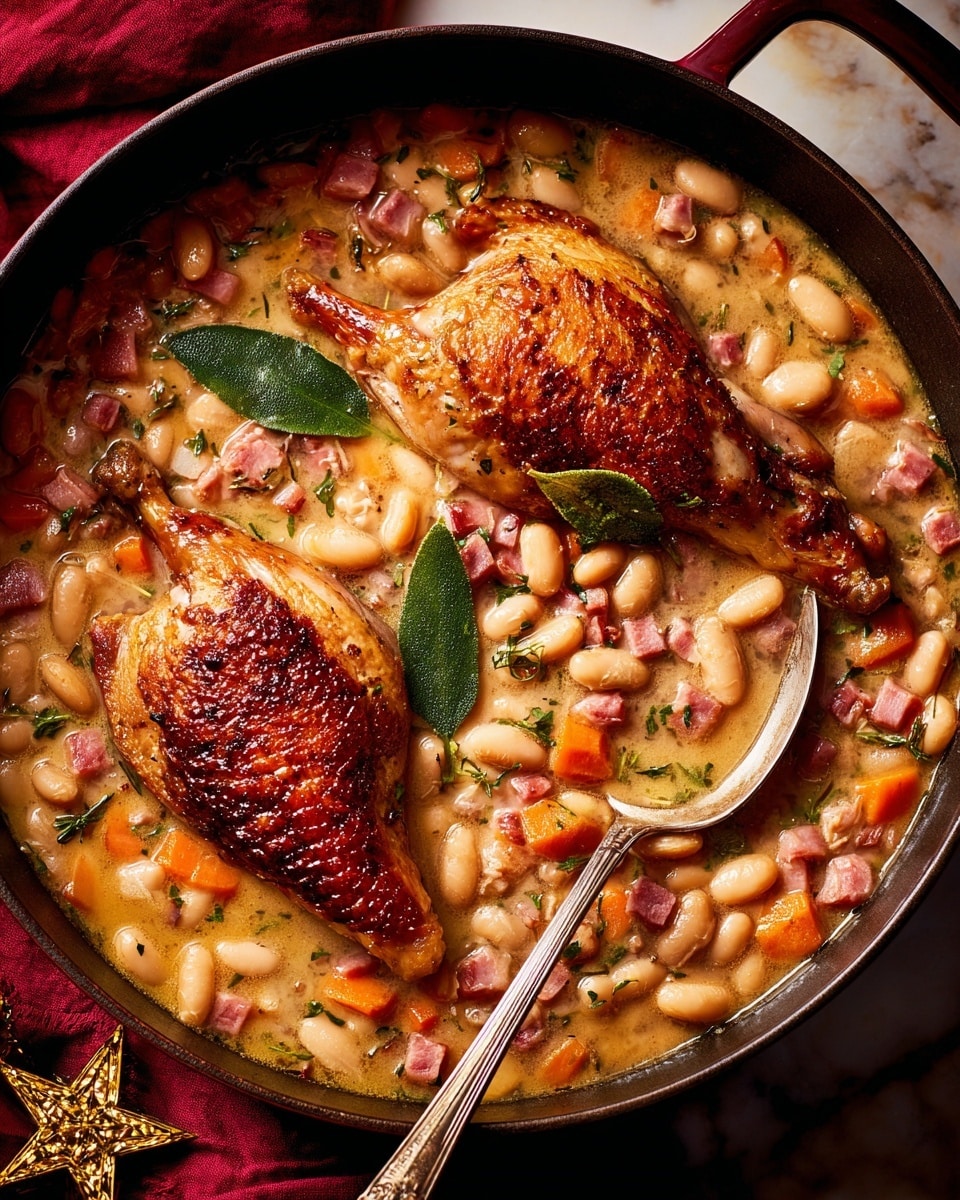 A large round pan filled with a creamy stew layer made of small white beans, diced orange carrots, and bits of ham mixed with fresh green herbs, floating bay leaves on top. Two golden brown roasted birds with crispy skin rest on the stew, one placed slightly higher and the other lower in the pan. A shiny metal spoon lies inside on the right side of the pan, partially submerged in the stew. The pan’s aged dark surface contrasts with the rich colors of the food, all set on a white marbled texture with a deep red cloth next to it. Photo taken with an iphone --ar 4:5 --v 7