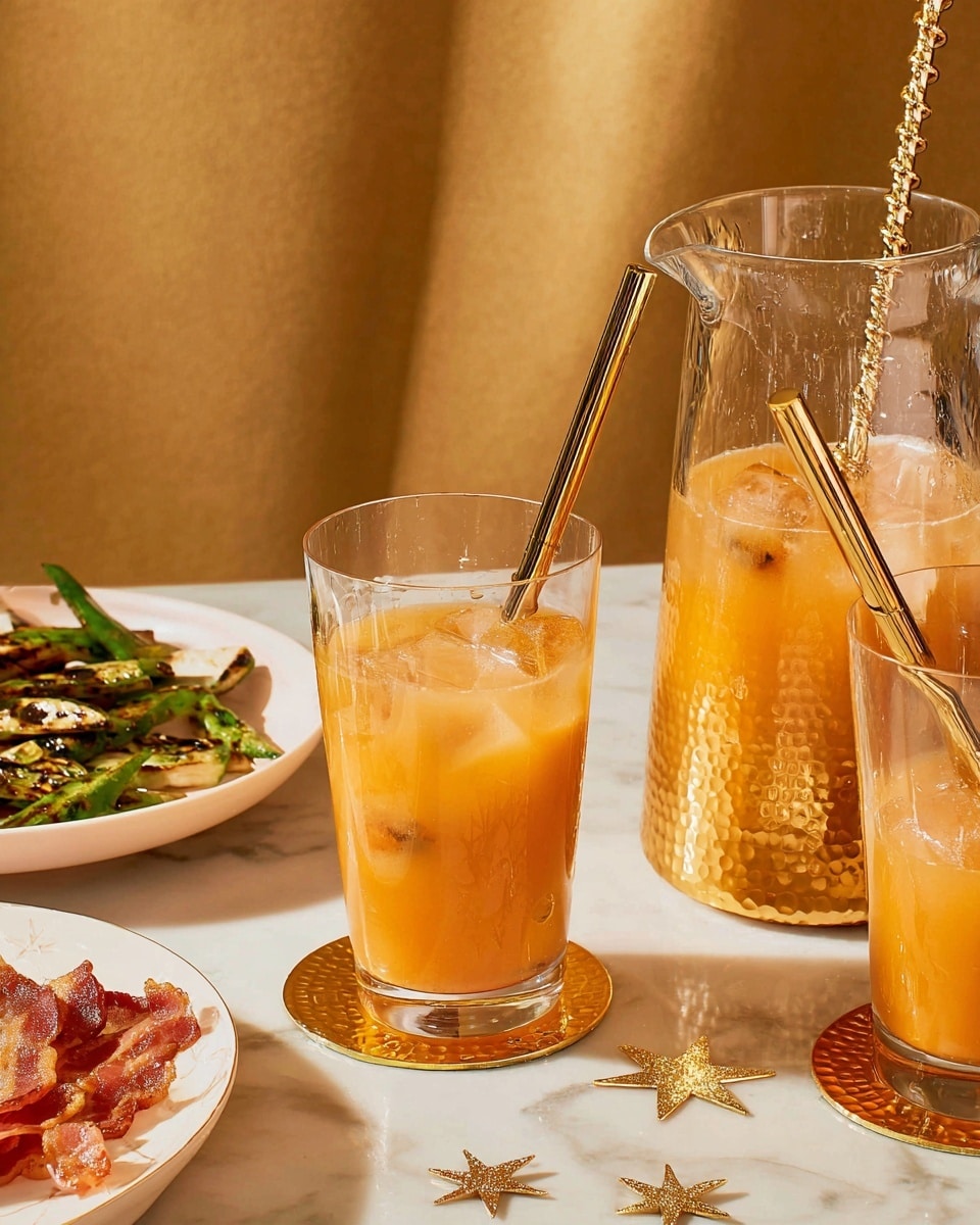 The image shows two clear tall glasses and one smaller clear glass filled with bright orange creamy iced drink, each with ice cubes floating on top, and golden metal straws inserted. The smaller glass is placed on a round golden coaster with intricate designs. Behind the glasses, there is a large clear glass pitcher filled with the same orange drink, with a textured surface and a handle. A clear glass container holds several long copper-colored straws next to the pitcher. On the left side, part of a slice of bread is visible topped with cream cheese, grilled green onions, and crispy bacon pieces. The items are placed on a white marbled surface with a textured golden wall in the background. Photo taken with an iphone --ar 4:5 --v 7
