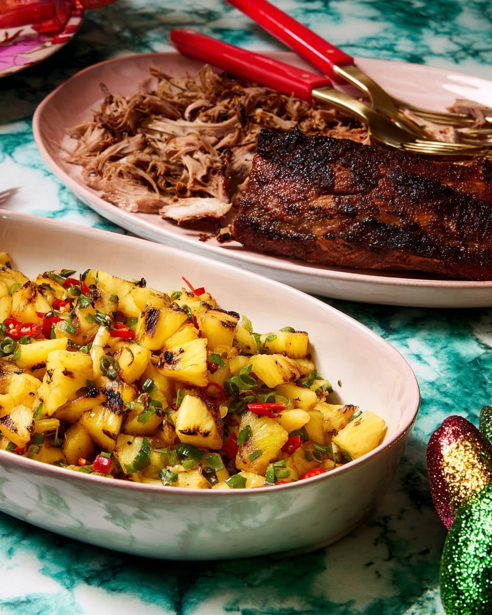 A white oval bowl filled with a colorful grilled pineapple salsa, showing three layers: the top layer has yellow grilled pineapple chunks with dark grill marks, the middle layer is bright green chopped peppers or herbs, and the bottom layer has red chili pieces mixed in, all sitting on a white marbled surface. Behind the bowl, there is a white oval plate holding a large piece of dark brown roasted or smoked meat with a crispy, textured crust on top and shredded pieces pulled off, alongside two red-handled forks resting on the plate. A small green parrot-shaped decoration is visible near the bowl. Photo taken with an iphone --ar 4:5 --v 7