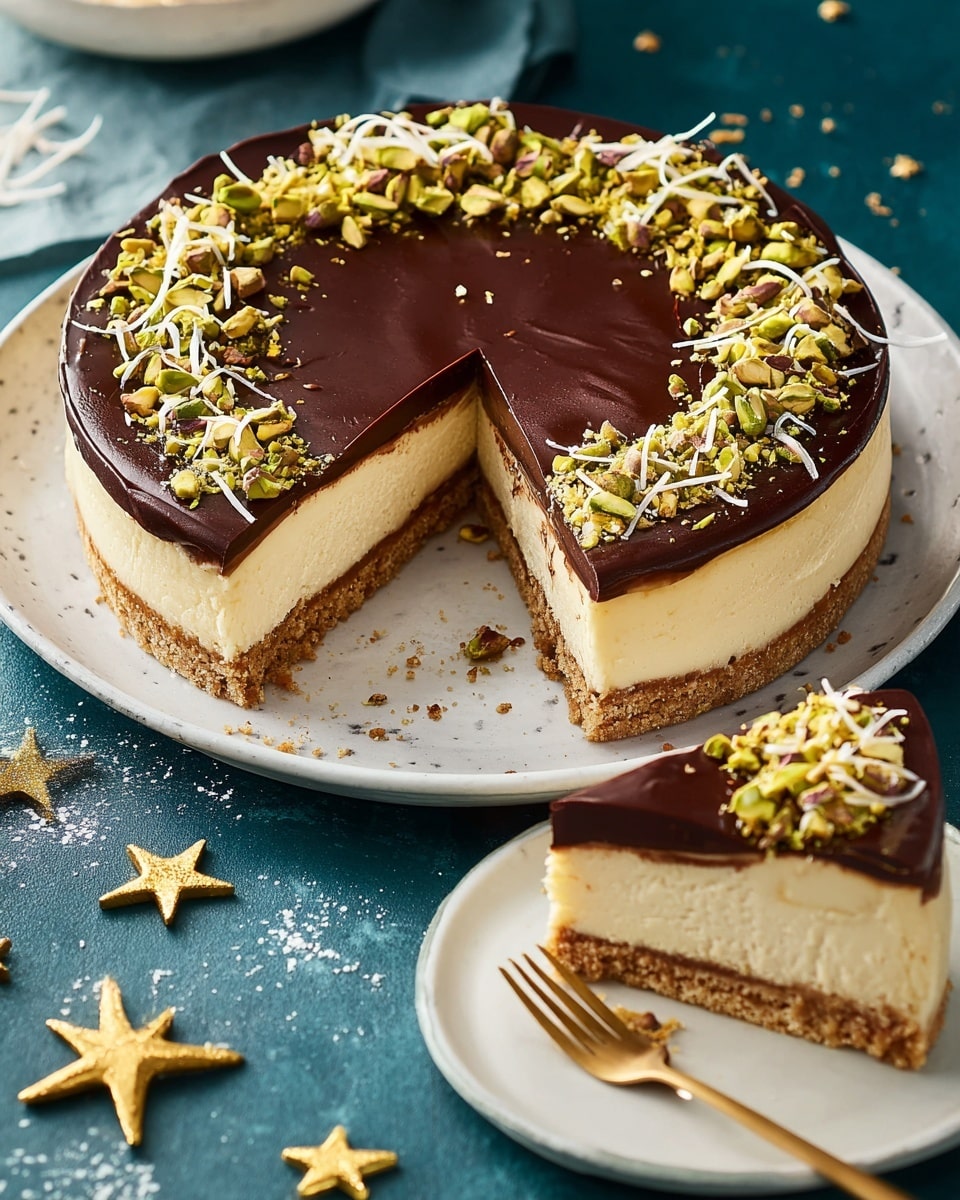 A rich cheesecake with three visible layers sits on a white plate against a white marbled texture. The bottom layer is a crumbly, golden-brown crust, the middle layer is thick and smooth with a pale cream color, and the top layer is a shiny, dark chocolate glaze that covers the whole surface. The edge of the chocolate glaze is decorated with a ring of chopped green pistachios and light, thin toasted coconut strands. Two slices have been cut and are slightly pulled out from the main cake. One of these slices is placed on a separate white plate nearby, with a gold fork resting next to it. Small golden star decorations are scattered around on the white marbled texture. photo taken with an iphone --ar 4:5 --v 7