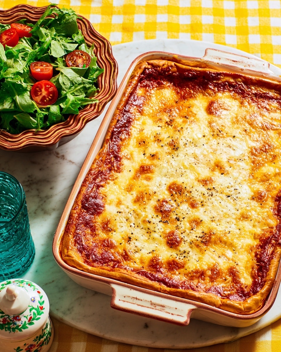 A rectangular baked dish with a thick, golden brown crust lining the edges holds a cheesy casserole that features a rich, bubbly top layer of melted cheese with browned spots and hints of black pepper scattered throughout. The casserole fills the entire dish, showing a slightly textured surface with melted cheese in a mix of creamy white and golden tones. Next to the dish is a scalloped white bowl filled with fresh green leafy salad and bright red cherry tomato halves. The setting is on a white marbled surface covered partly with a yellow checkered cloth, and a small, round container with a white lid and green floral design is nearby. A light blue glass cup is also visible in the scene. Photo taken with an iphone --ar 4:5 --v 7