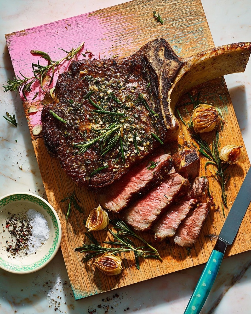A large grilled tomahawk steak with a rich brown crust and visible seasoning, resting on a wooden cutting board with pink paint on one side, topped with green herbs and roasted garlic cloves scattered around. Three thick slices of juicy, pink-centered steak are laid on the left side of the board with a knife beside them. The cutting board is placed on a white marbled surface, with a small white bowl containing coarse salt and pepper nearby. Photo taken with an iphone --ar 4:5 --v 7