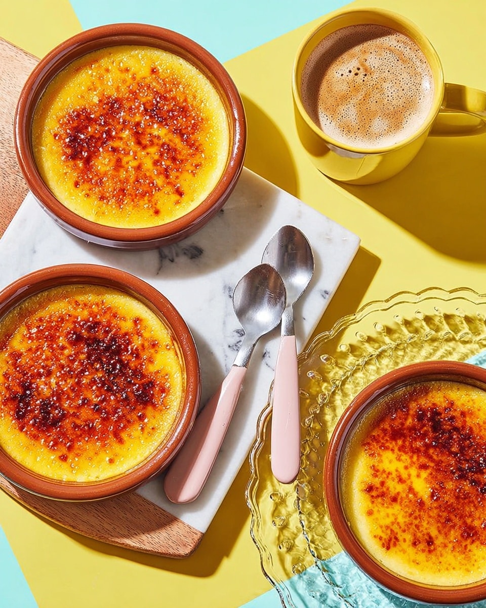 The image shows three creamy crème brûlées in round brown ceramic dishes, each with a golden-yellow custard base topped by a caramelized, crispy burnt sugar layer that varies in shades from amber to dark brown with an uneven texture. One dish is placed on a white cutting board with two pink-handled spoons lying next to it, while another dish sits on a clear scalloped glass plate with a pink-handled spoon resting inside. In the upper right corner, there is a yellow mug filled with light brown coffee or latte, casting a shadow on a bright yellow and light blue striped surface. The background is a clean white marbled texture. photo taken with an iphone --ar 4:5 --v 7