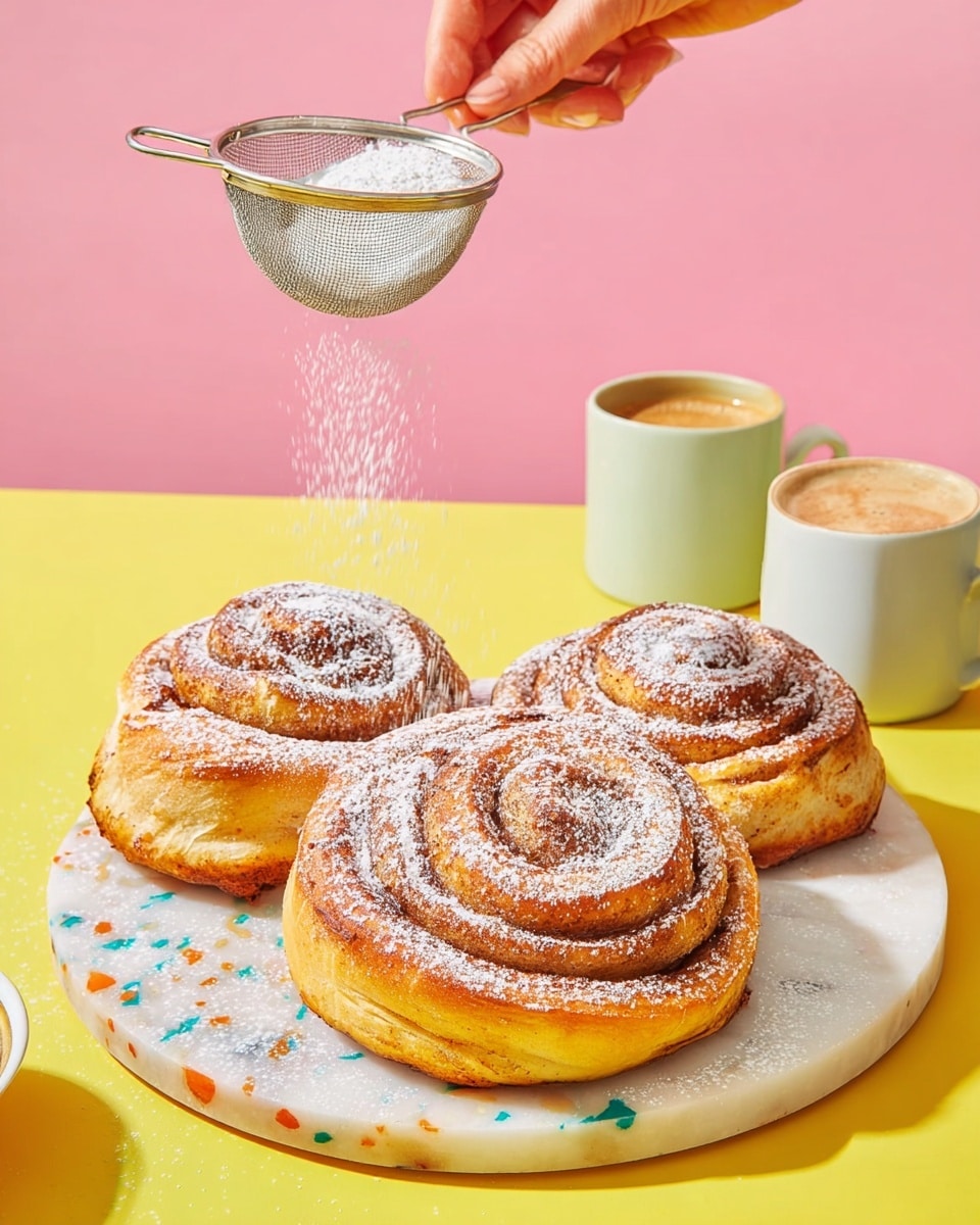 Three large cinnamon rolls with a golden brown crust are placed on a white round terrazzo board with colorful chips. Each roll is generously dusted with a layer of white powdered sugar being sifted from above by a woman's hand holding a small metal sieve. The background is a soft pink wall, and the surface under the board is a bright yellow table. Two white cups with light brown coffee are placed nearby. The scene is bright and warm, showing texture on the roll's surface and the fine powder falling gently. photo taken with an iphone --ar 4:5 --v 7