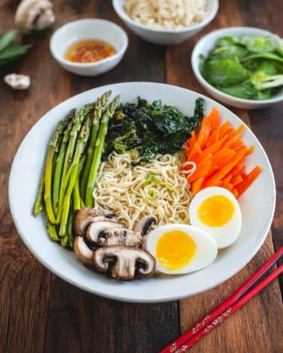 A white bowl is filled with several colorful layers of food arranged neatly. At the bottom, there are light brown cooked noodles. On top, from left to right, there are bright green asparagus spears, orange carrot strips, dark green seaweed, white and brown sliced mushrooms, and a halved boiled egg with a yellow yolk. There are white chopsticks resting on the edge of the bowl, and the bowl sits on a white marbled surface with small bowls of ingredients blurred in the background. Photo taken with an iphone --ar 4:5 --v 7