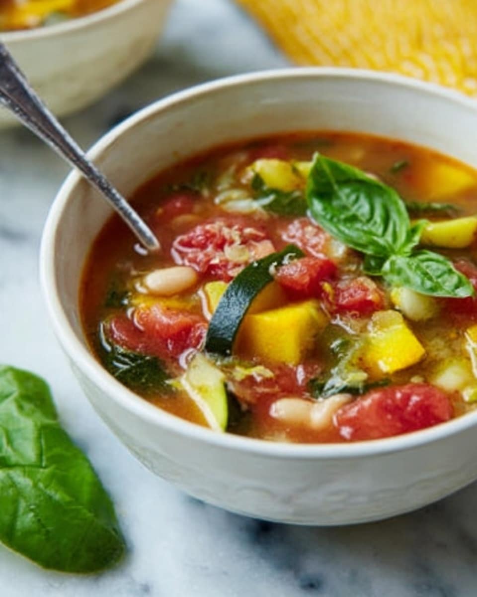 A white bowl filled with a colorful vegetable soup set on a white marbled surface, showing layers of clear broth with chunks of bright yellow zucchini, red tomatoes, white beans, and green basil leaves floating on top. The top layer has fresh basil leaves adding a vibrant green color, while the middle layer shows mixed vegetables in a light broth with visible textures of soft tomatoes and beans. A silver spoon is placed inside the bowl, with a woman's hand holding it at the edge. In the background, there is another white bowl slightly blurred. Photo taken with an iphone --ar 4:5 --v 7