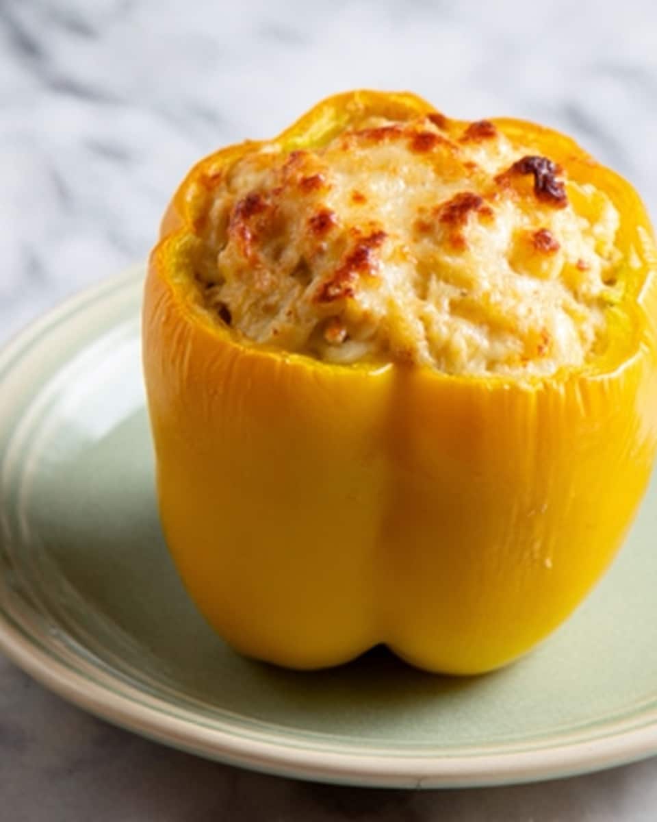 A yellow bell pepper is hollowed out and filled with a creamy cauliflower and cheese mix, showing bits of browned cheese on top with small pieces of cauliflower and herbs mixed in. The pepper sits in the center of a white plate, which is placed on a white marbled surface. The pepper’s smooth, shiny outer skin contrasts with the textured, slightly browned cheesy filling that fills the cavity up to the top. Photo taken with an iphone --ar 4:5 --v 7
