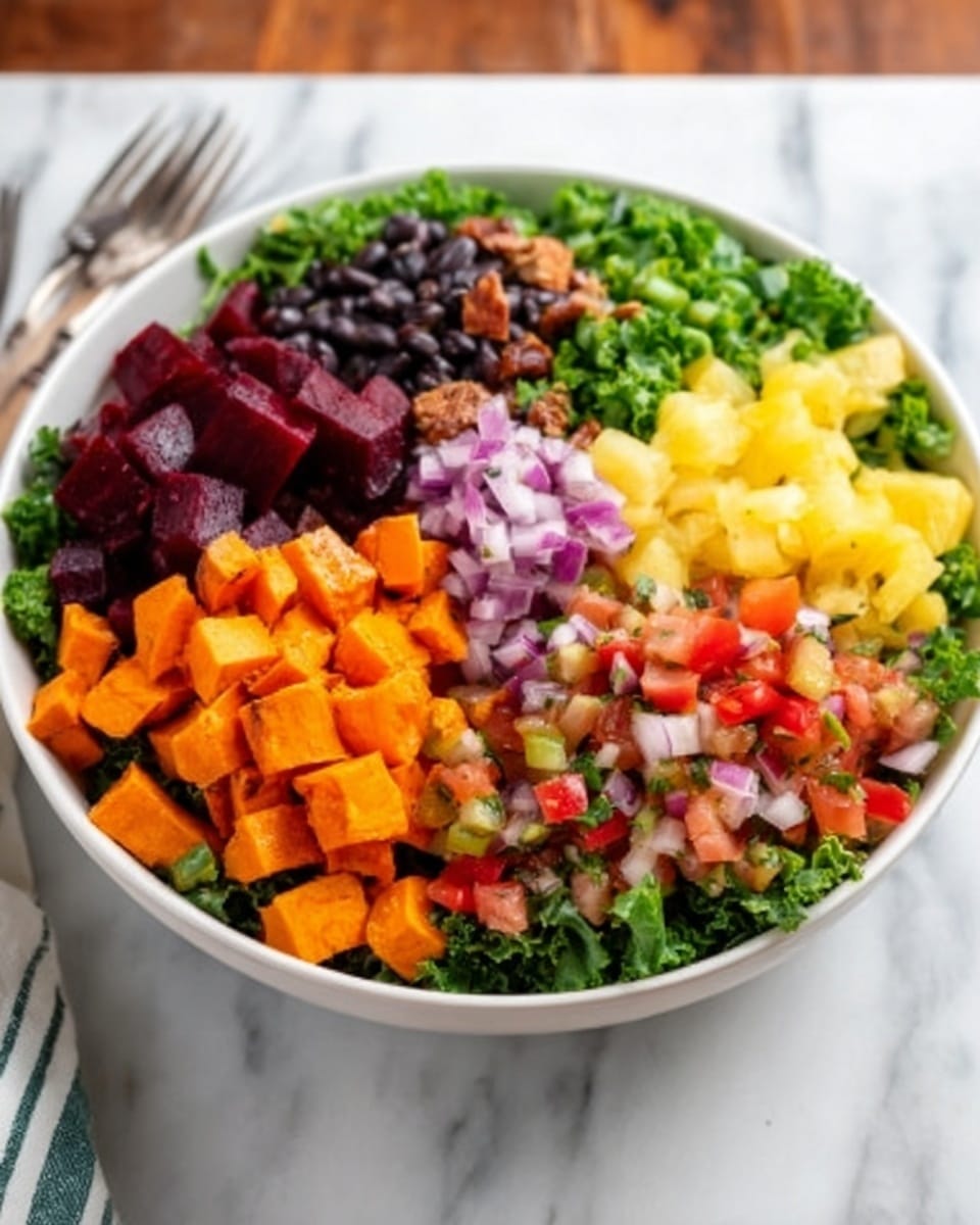 A white bowl holds a colorful salad arranged in separate sections, creating a layered look. Starting from the front, there are bright orange chunks of roasted sweet potato with a soft texture, next to fresh red tomato pieces. Moving to the right, there are small yellow pineapple cubes with a juicy look, beside green leafy kale. Towards the back, there are dark purple beet cubes with a smooth surface, chopped red onions, and a cluster of small black beans. The salad is topped with small pieces of nuts or seeds on the kale. The bowl is set on a white marbled surface with a blurred background of wooden elements and a glass of light-colored dressing. A woman's hand is holding the bowl. Photo taken with an iphone --ar 4:5 --v 7