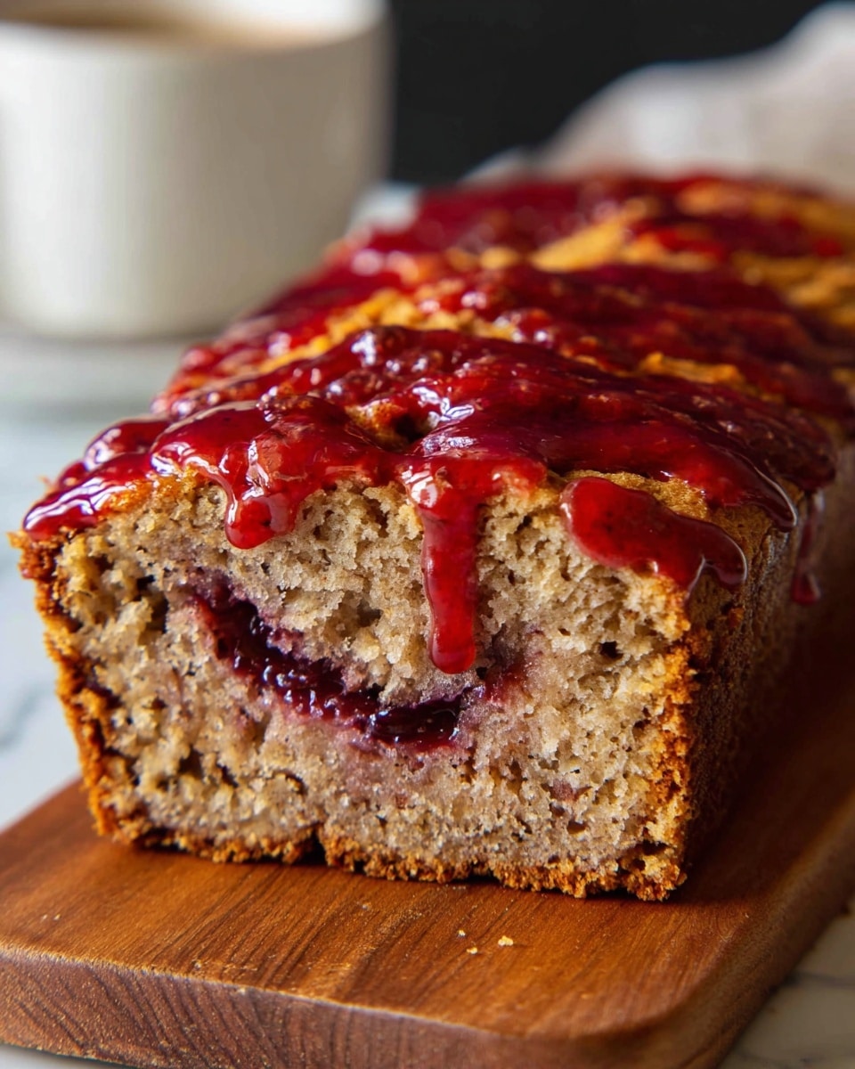 A close-up of a thick rectangular cake slice showing two layers: the dense, light brown crumbly cake base with visible small air pockets, and a dark red, glossy raspberry jam layer swirled inside and spread on top. The jam is shiny and sticky with a few sesame seeds on top. The cake is sitting on a wooden board with a blurred white cup in the background and a white marbled surface below. Photo taken with an iphone --ar 4:5 --v 7