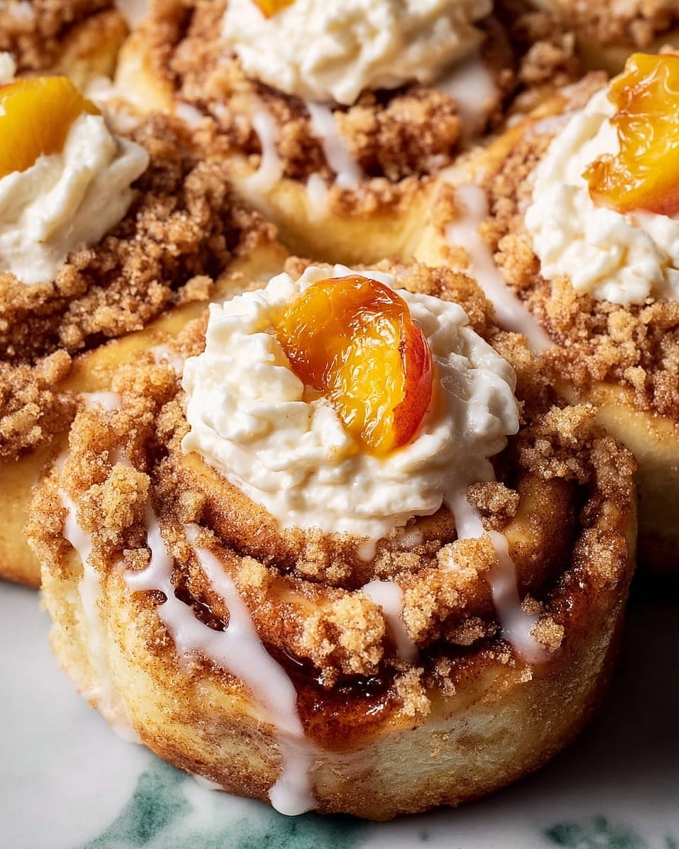 A close-up view showing five cinnamon rolls on a white marbled surface, each roll topped with light brown crumbly streusel and a shiny layer of white icing dripping over the sides. Three rolls have a dollop of smooth, creamy white frosting swirled on top, while one roll has a glossy, roasted peach slice in the center giving a rich orange-yellow color contrast. The cinnamon rolls have a golden-brown color and soft texture with visible spiral layers. photo taken with an iphone --ar 4:5 --v 7