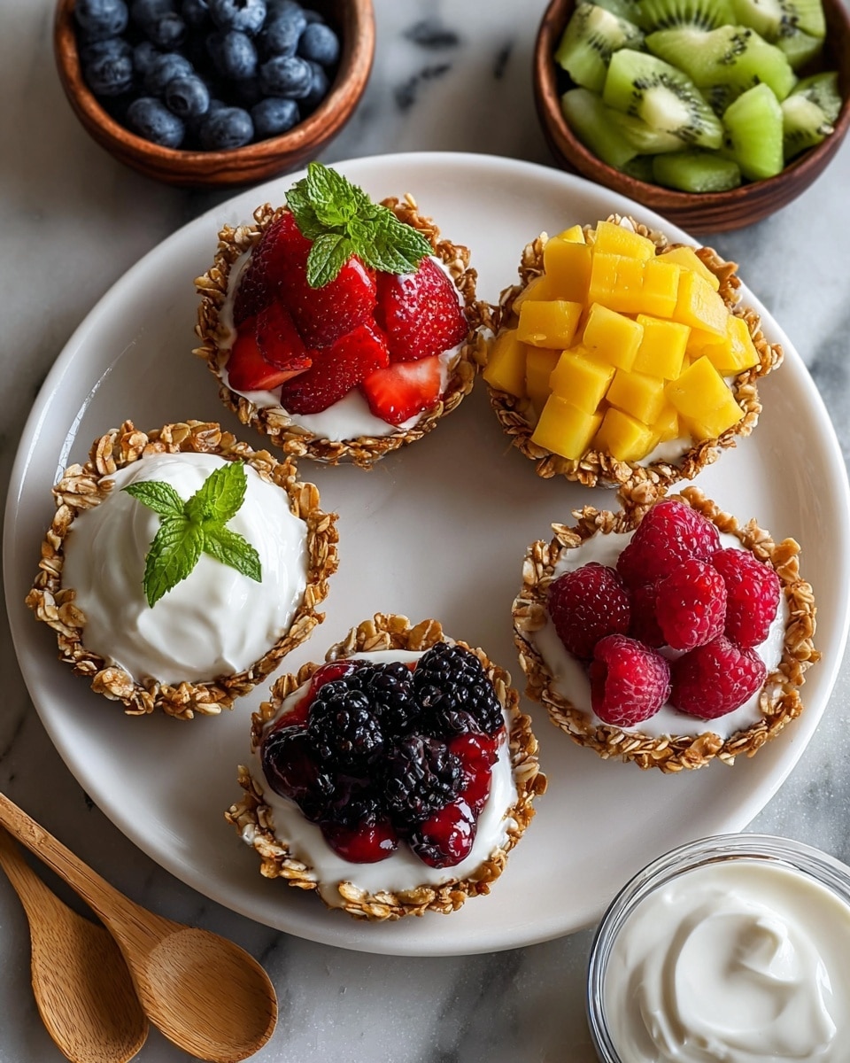 On a large round white marbled plate, there are four small granola cups filled with a white creamy yogurt layer topped with different fruits; one cup has bright red strawberries with a green mint leaf on top, another cup has shiny blackberries with a mint leaf, a third cup is topped with yellow mango chunks, and the fourth cup has a mixed berry topping of dark blueberries and blackberries with a mint leaf. Around the cups, three small bowls hold extra fruit pieces: one bowl contains green diced kiwi, another has red raspberries soaked in a syrup, and the last has fresh blueberries with a small wooden spoon. A small clear glass bowl with plain creamy yogurt is also on the plate. The plate sits on a surface with a white marbled texture. photo taken with an iphone --ar 4:5 --v 7