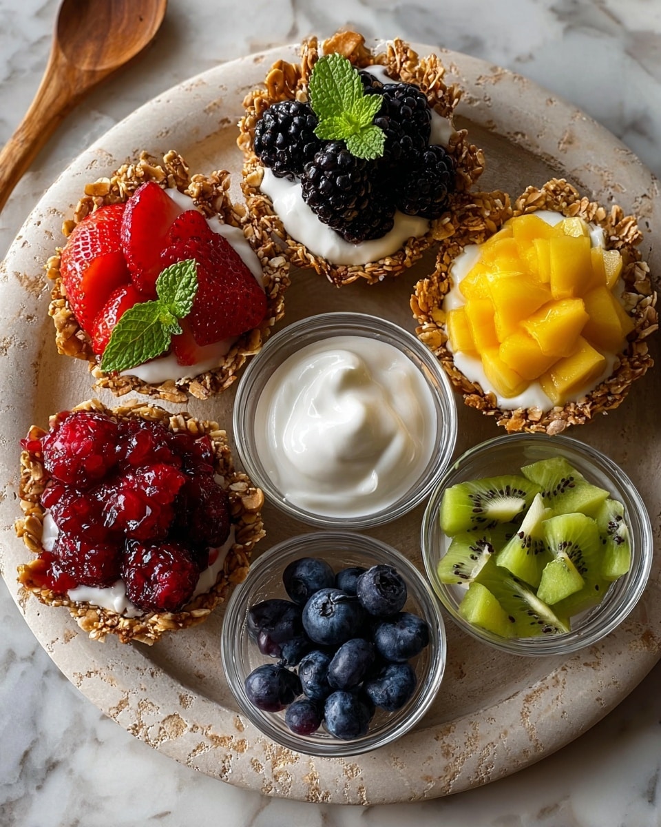 A white round plate on a white marbled surface holds four small granola cups, each filled with white yogurt and topped with different fresh fruits and a green mint leaf: red strawberries stacked on one, yellow mango cubes on another, blackberries piled on a third, and a mix of blueberries and blackberries with a red sauce on the last. Around the granola cups are small bowls holding blueberries with a wooden spoon, diced green kiwi, bright red raspberries mixed with pieces of red fruit, and a clear glass bowl of white yogurt cream. The colors are bright and fresh, showing the detail in each fruit and the texture of the granola. photo taken with an iphone --ar 4:5 --v 7