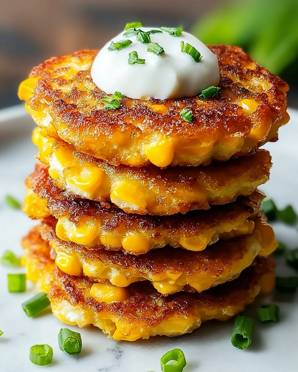 A stack of four golden corn fritters with a crispy, browned outer texture sits centered on a white marbled surface. The fritters show visible pieces of yellow corn and bits of white onion embedded throughout their thick, round layers. On top of the stack is a dollop of white sour cream or yogurt, garnished with small pieces of fresh green chopped herbs. Scattered around the base of the stack and foreground are similar small chopped green herbs, adding a fresh pop of color. photo taken with an iphone --ar 4:5 --v 7