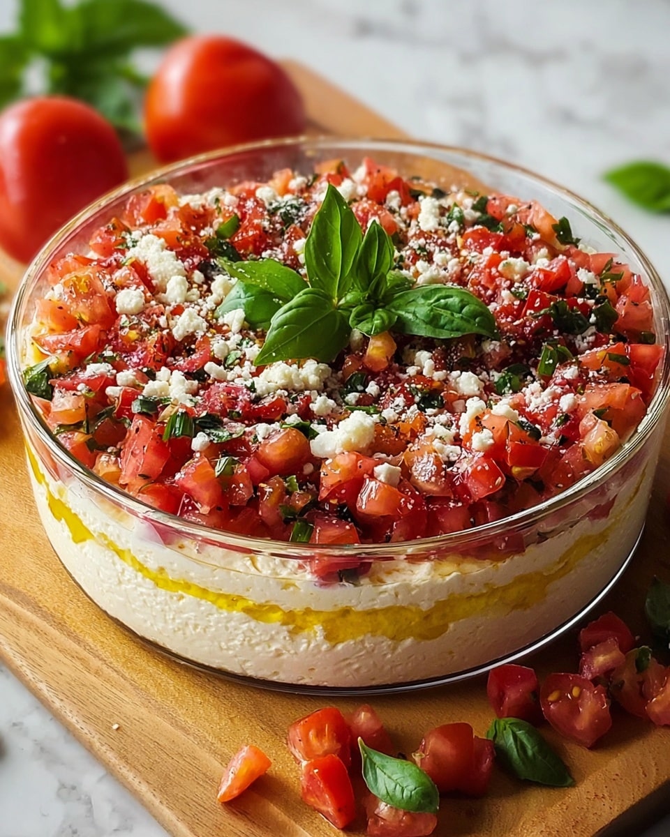 A clear glass bowl sits on a white marbled surface, filled with a layered dip. The bottom layer is smooth and creamy white, topped with a layer of bright red chopped tomatoes mixed with finely chopped green basil. Small bits of white cheese are sprinkled over the tomatoes, with a drizzle of golden olive oil visible around the edges. A fresh basil sprig lies in the center on top, adding a touch of green. Scattered tomato pieces and basil leaves surround the bowl on the surface. Photo taken with an iphone --ar 4:5 --v 7