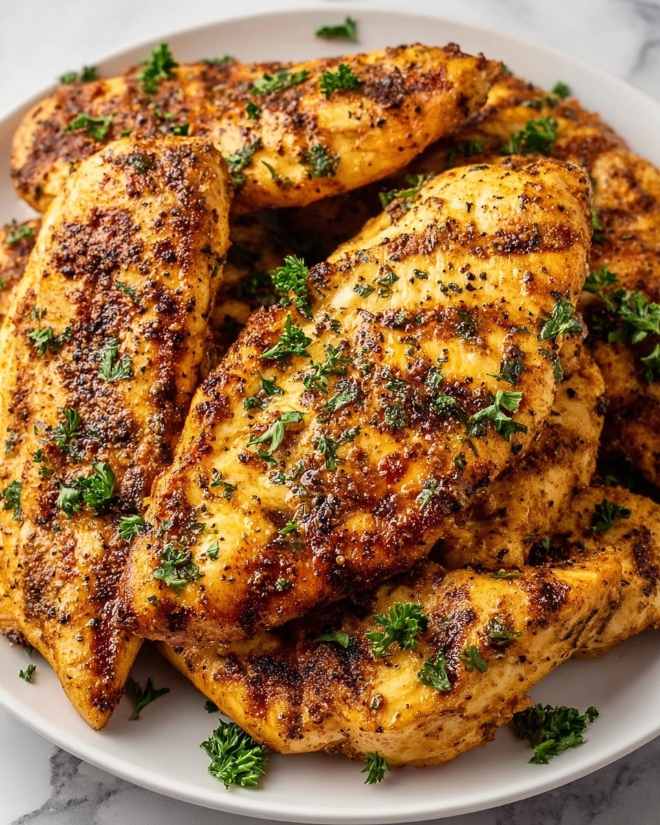 The image shows a white plate filled with several pieces of golden-brown grilled chicken breasts. Each piece has a slightly crispy texture with visible grill marks and is richly seasoned with a mix of herbs and spices, giving a speckled pattern of dark browns and greens. The chicken is garnished with small sprigs of fresh green parsley scattered over and around the meat, adding a touch of color contrast. The plate sits on a white marbled surface, enhancing the warm tones of the chicken. photo taken with an iphone --ar 4:5 --v 7