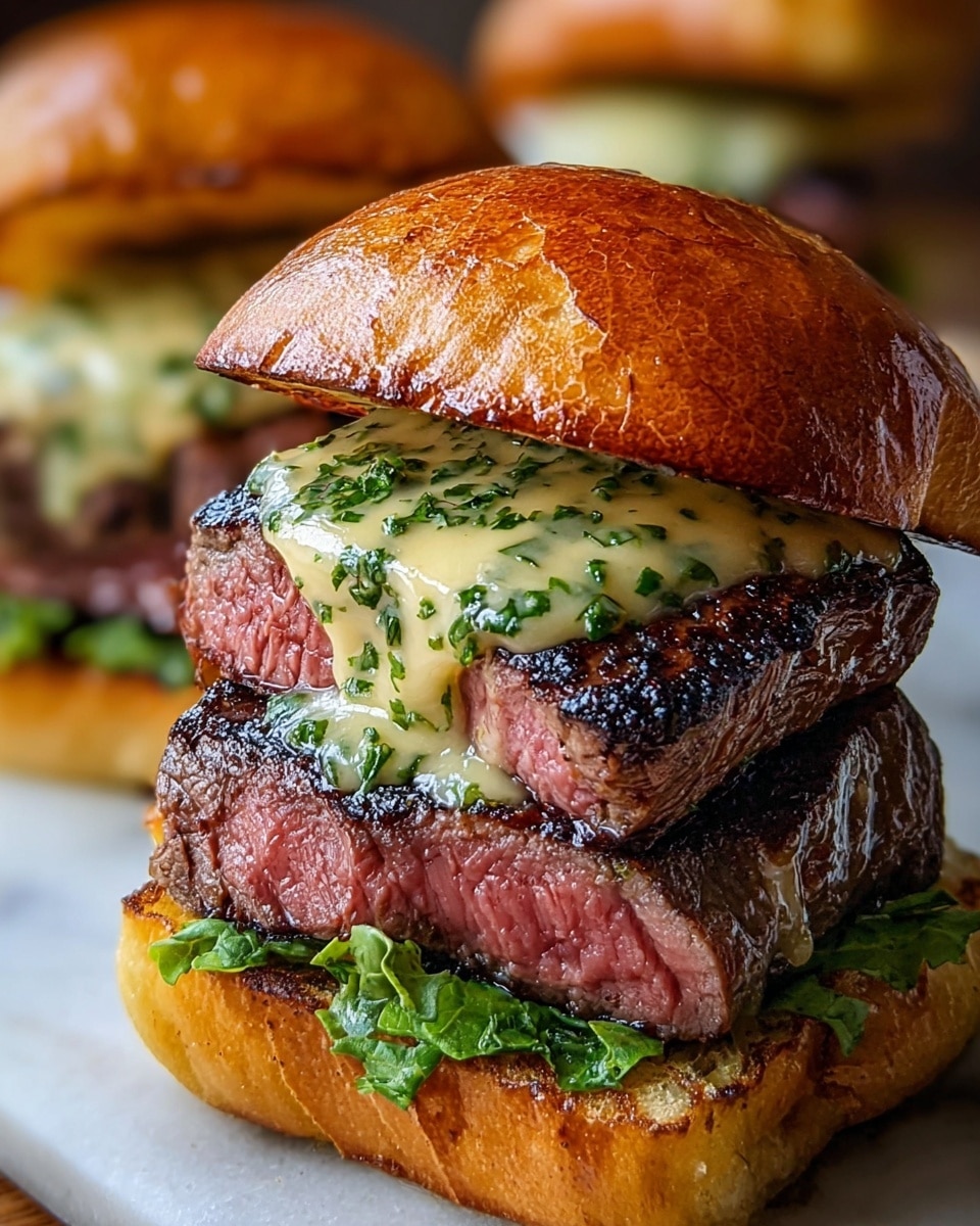 The image shows a close-up of a sandwich with three main layers inside a toasted golden brown bun. The bottom layer is a thick, well-seared piece of steak with a charred, dark crust. On top of the steak, there is a generous layer of creamy yellow sauce mixed with green herbs, dripping slightly down the sides. Above the sauce sits another thick cut of medium-rare steak, pinkish inside and seared on the outside. The top bun is slightly shiny and toasted, and underneath it, there are fresh green leaves adding a fresh touch. The sandwich is placed on a wooden surface with pieces of herbs scattered around. Photo taken with an iphone --ar 4:5 --v 7