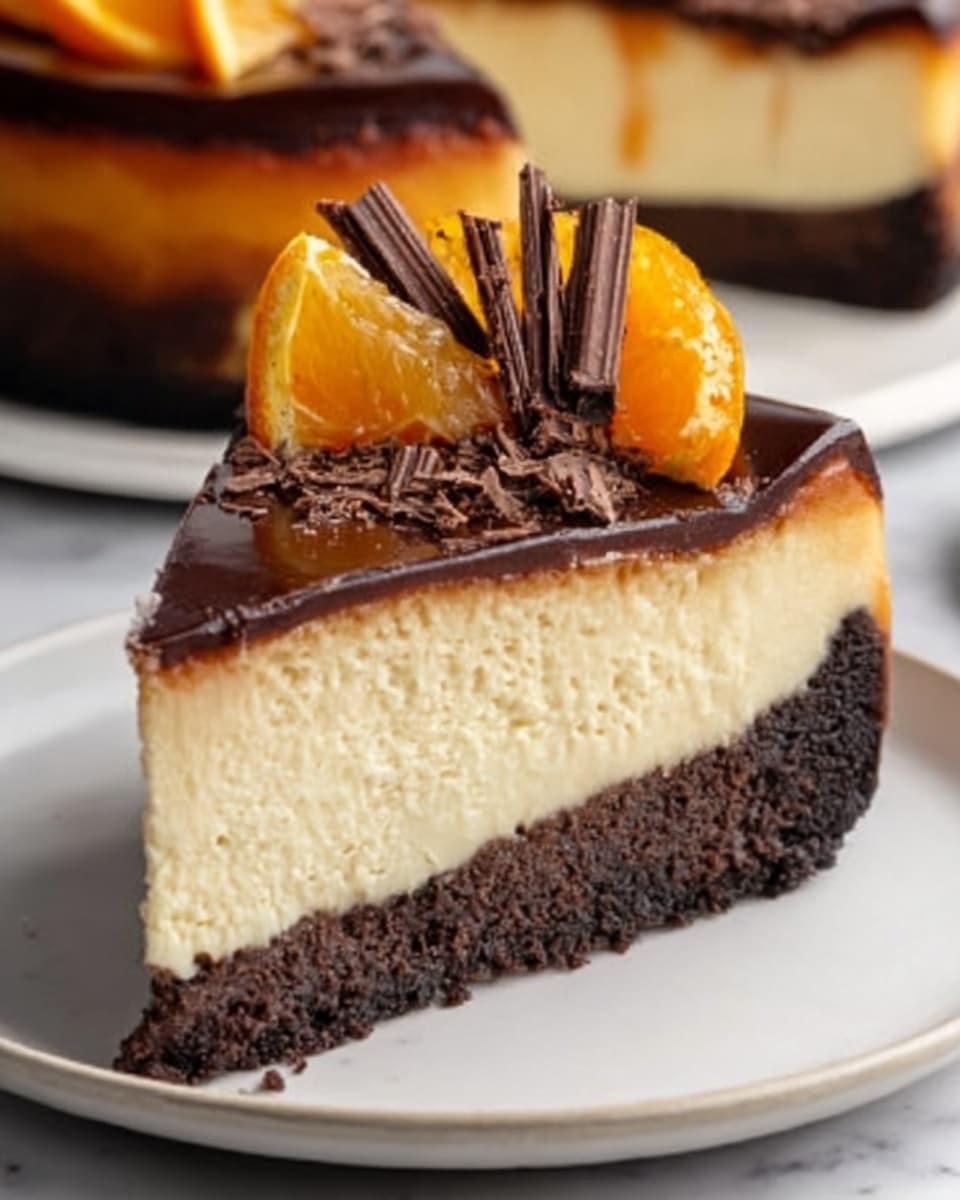 A close-up image of a slice of cheesecake on a white plate placed on a white marbled surface. The slice has three visible layers: a dark brown crumbly base at the bottom, a thick creamy light beige cheesecake middle layer, and a smooth shiny rich dark chocolate layer on top. The top is decorated with small pieces of bright orange fruit and dark chocolate shavings arranged neatly. The background is softly blurred, drawing focus to the cheesecake slice. Photo taken with an iphone --ar 4:5 --v 7