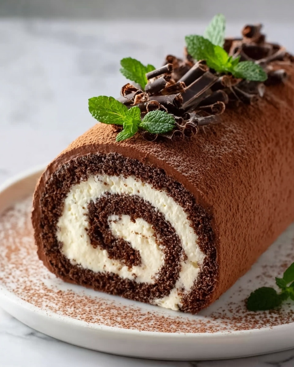 The image shows a chocolate Swiss roll cake on a white plate, placed on a white marbled surface. The cake has one thick outer layer of dark chocolate sponge with a smooth texture, rolled tightly around a creamy white filling in a spiral pattern inside. The top of the cake is covered with a dusting of cocoa powder, topped with small fresh green mint leaves and small shavings of dark chocolate. The surface and edges of the cake look soft and moist. photo taken with an iphone --ar 4:5 --v 7
