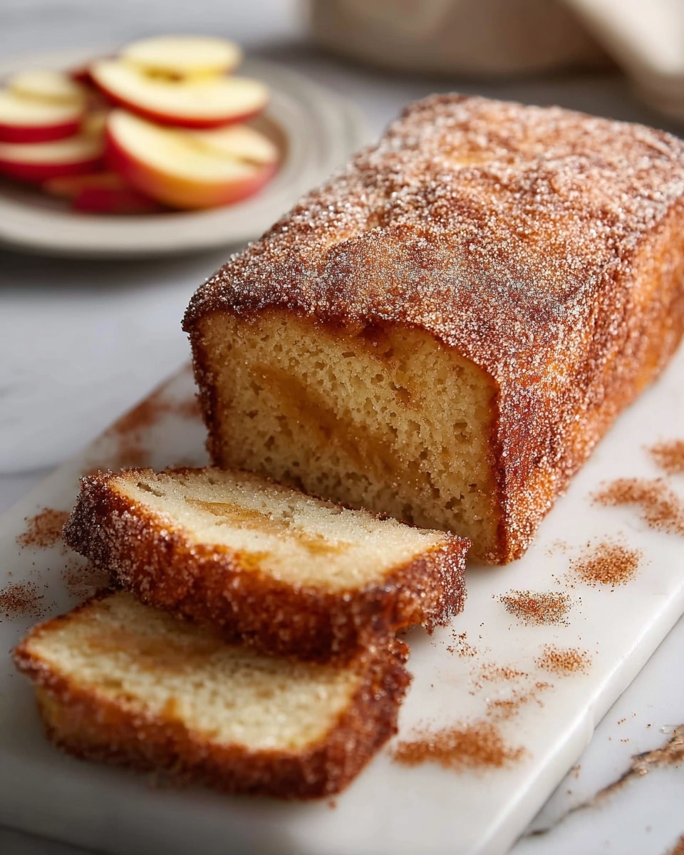 A loaf-shaped cake sits on a white marble tray, with the cake's surface covered in a sparkling layer of sugar and cinnamon, giving it a rough, textured look. The cake has a golden brown crust that appears slightly crispy and a soft, light brown interior that is moist and airy. Two slices are cut and laid flat in front of the main loaf, showing the even texture inside. Some loose sugar and cinnamon are scattered around the tray, adding a rustic feel. In the background, there is a white plate with thinly sliced apples. The whole scene rests on a white marbled surface. photo taken with an iphone --ar 4:5 --v 7