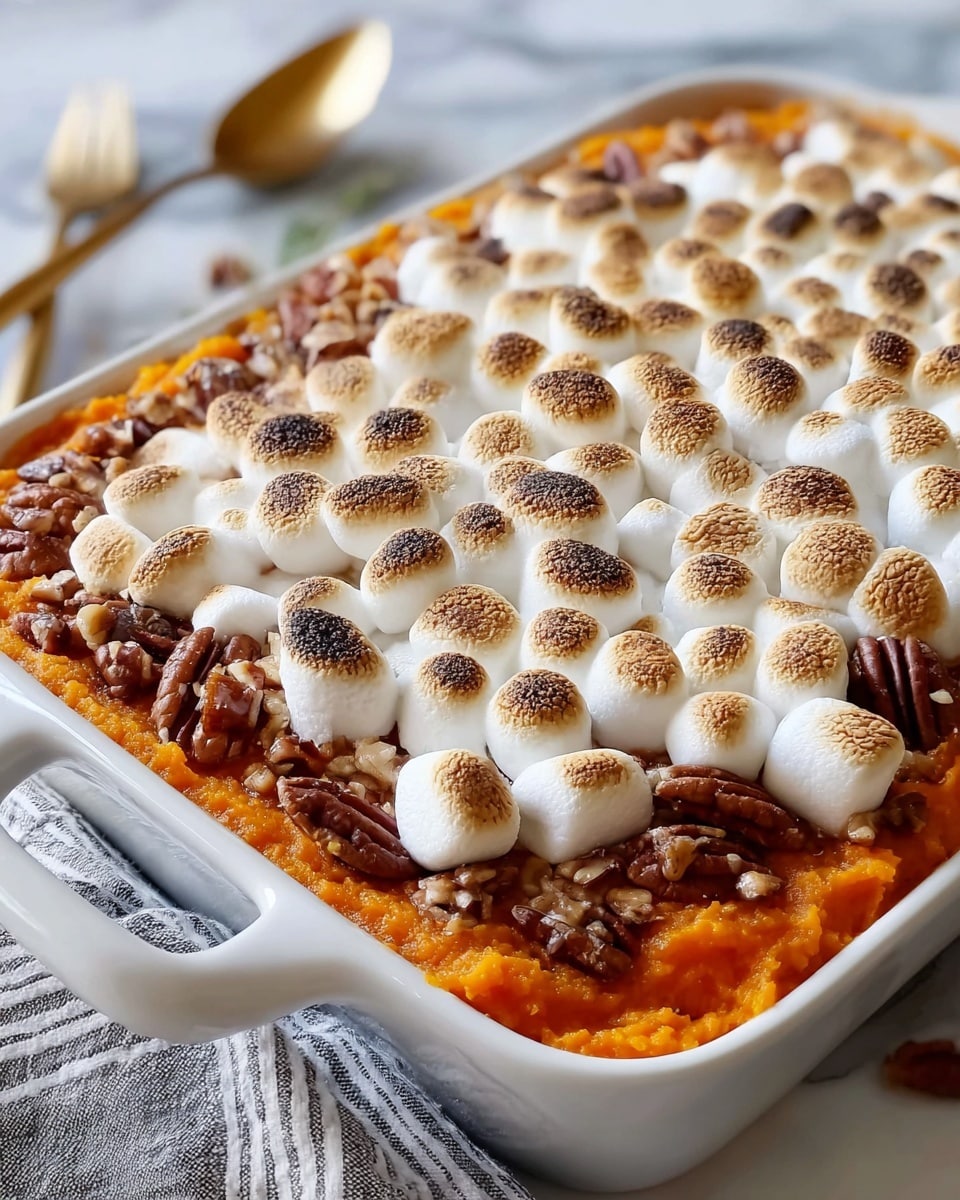 This image shows a white rectangular dish filled with a three-layer dessert. The bottom layer is a smooth, bright orange sweet potato mash. The middle layer has a mix of chopped pecans spread unevenly over the orange mash, adding texture and brown color. The top layer is a thick, even cover of small, toasted marshmallows, which are white with golden brown spots from being toasted. The dish sits on a white marbled surface with a striped cloth and gold spoon nearby. photo taken with an iphone --ar 4:5 --v 7